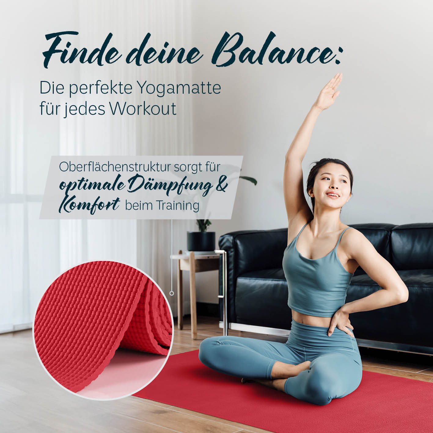 Frau macht Yoga auf der Yogamatte Kirana - 183 x 61 x 0,4 cm - Himbeerrot mit weicher Oberfläche für Komfort und Dämpfung
