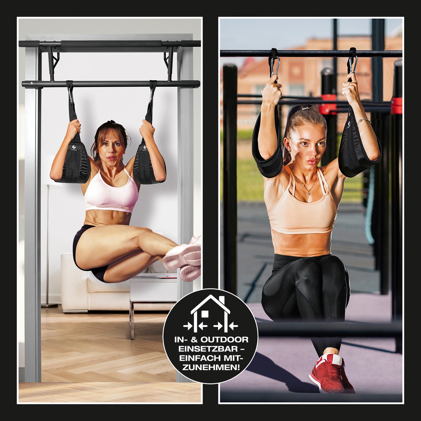 Bauchtrainingsschlaufen mit Karabinerhaken in Anwendung für effektives Sixpack-Training zuhause und outdoor, gepolstert und stabil bis 150 kg.