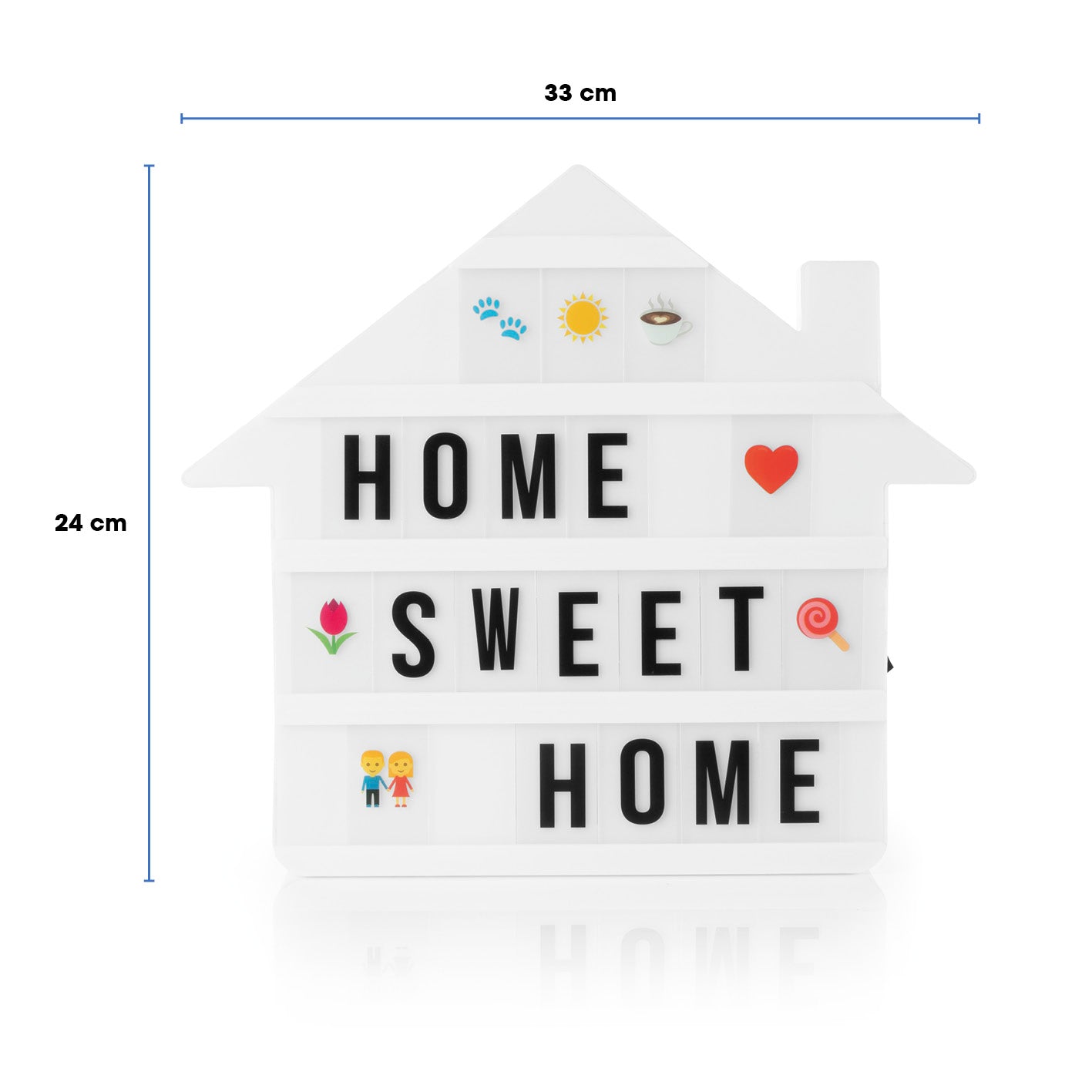 LED-Leuchtkasten Haus - 173 Buchstaben & 150 Moodjis mit dem Schriftzug "Home Sweet Home" und bunten Moodjis in Hausform.