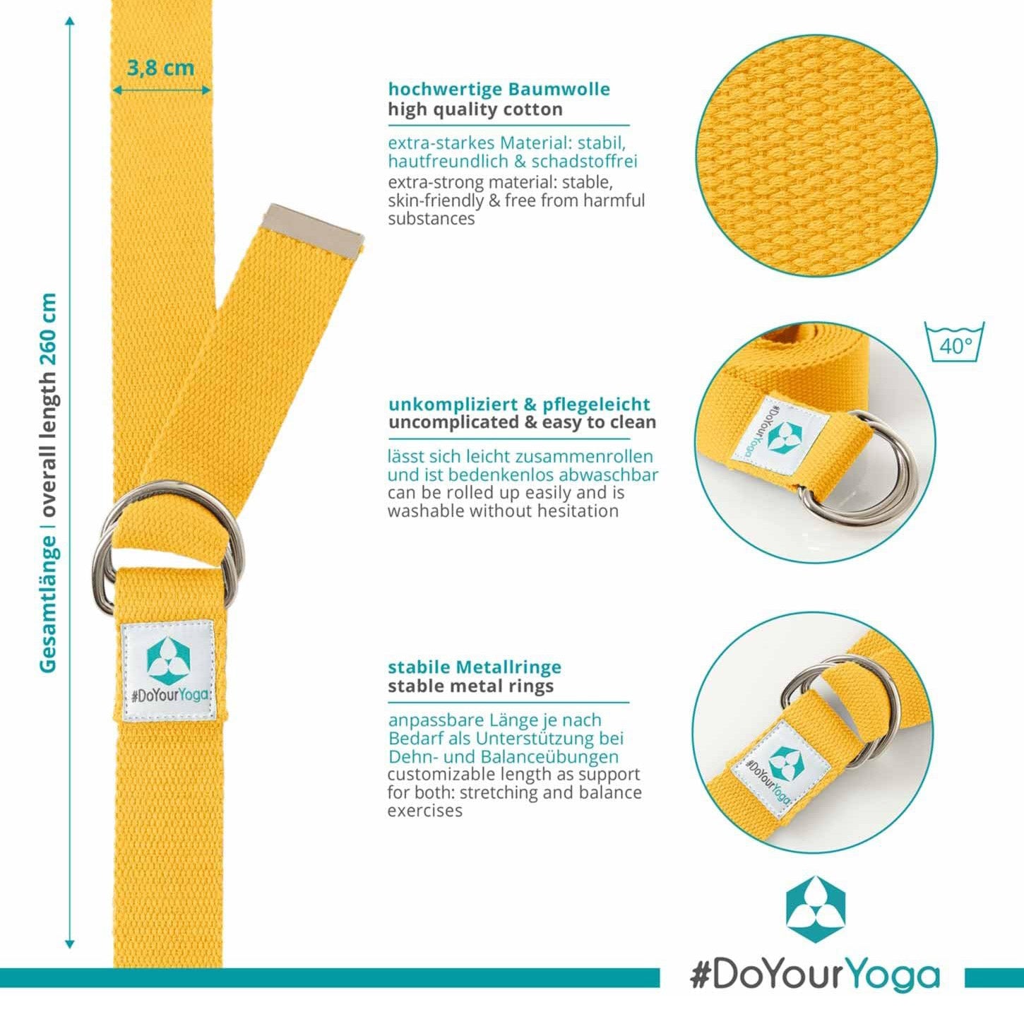 Yogagurt Madira - 250 x 3,8 cm - Gelb aus hochwertiger Baumwolle, waschbar bis 40 Grad, mit stabilen Metallringen für einfaches Yoga-Stretching.