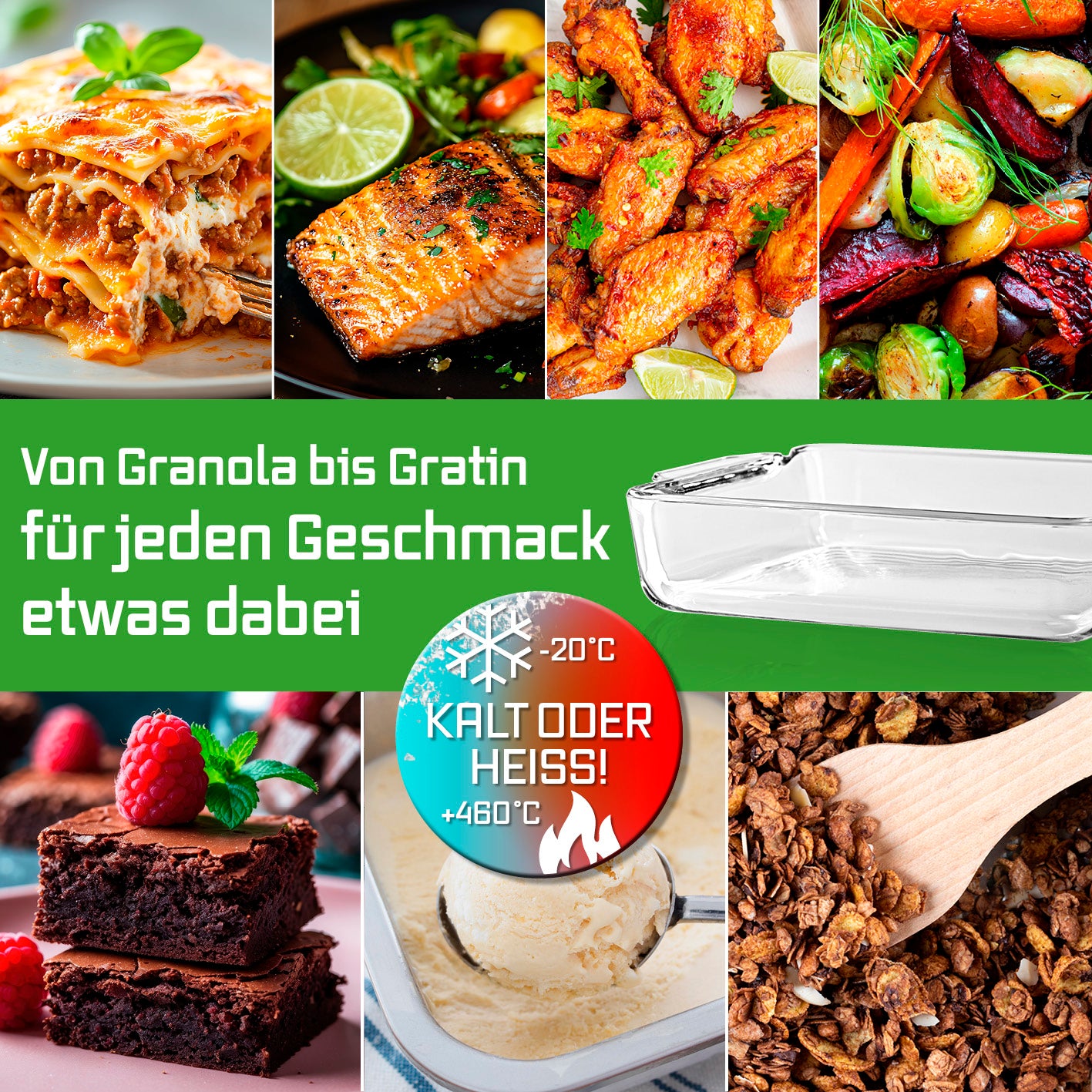 Glas-Auflaufform für Heißluftfritteuse & Backofen - 24 x 20 x 5 cm - 1500 ml, hitze- und kältebeständig für vielseitiges Kochen.