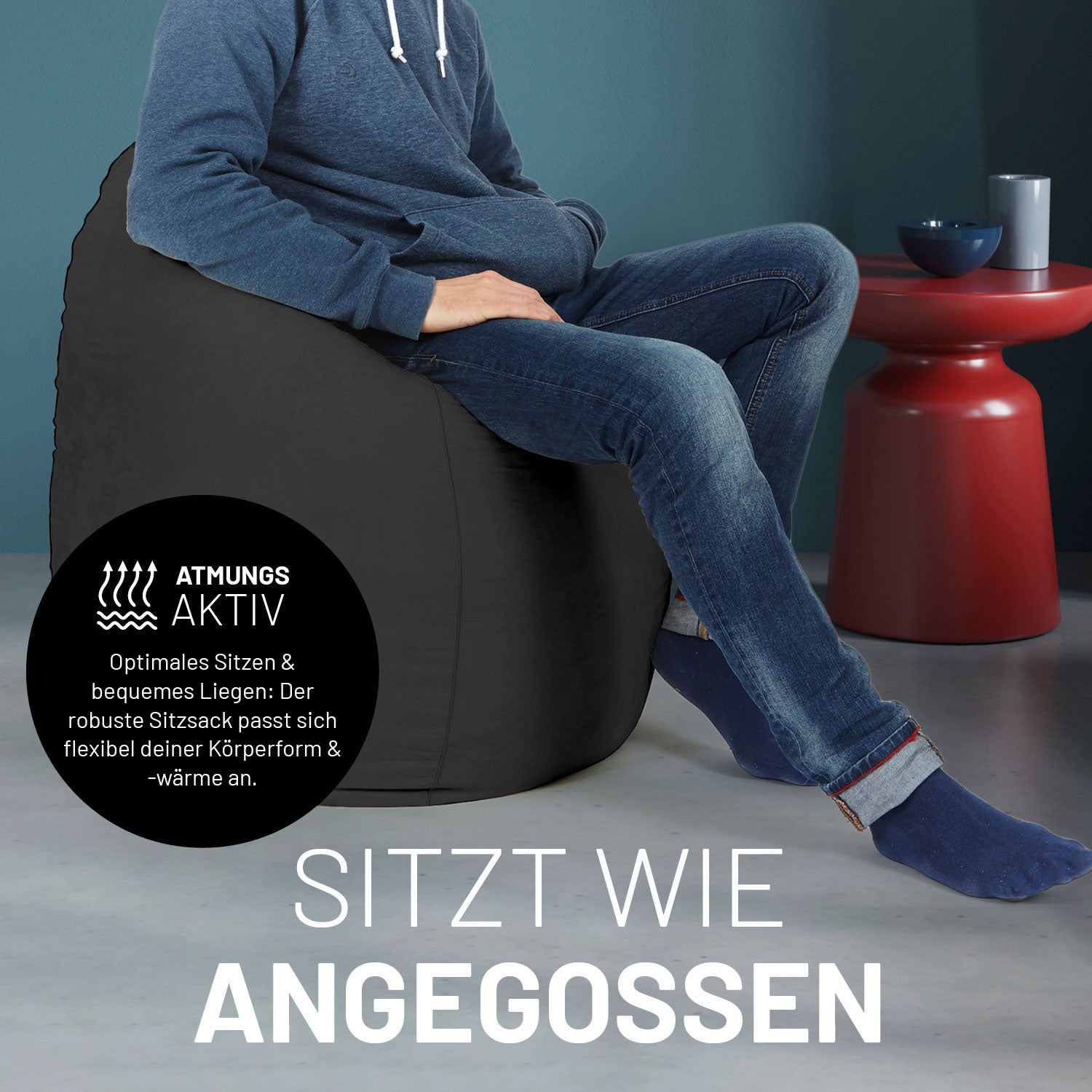 Luxury XL PLUS Sitzsack (220 L) Schwarz, ergonomisch, atmungsaktiv, formpasst sich optimal der Körperform und sorgt für komfortables Sitzen.