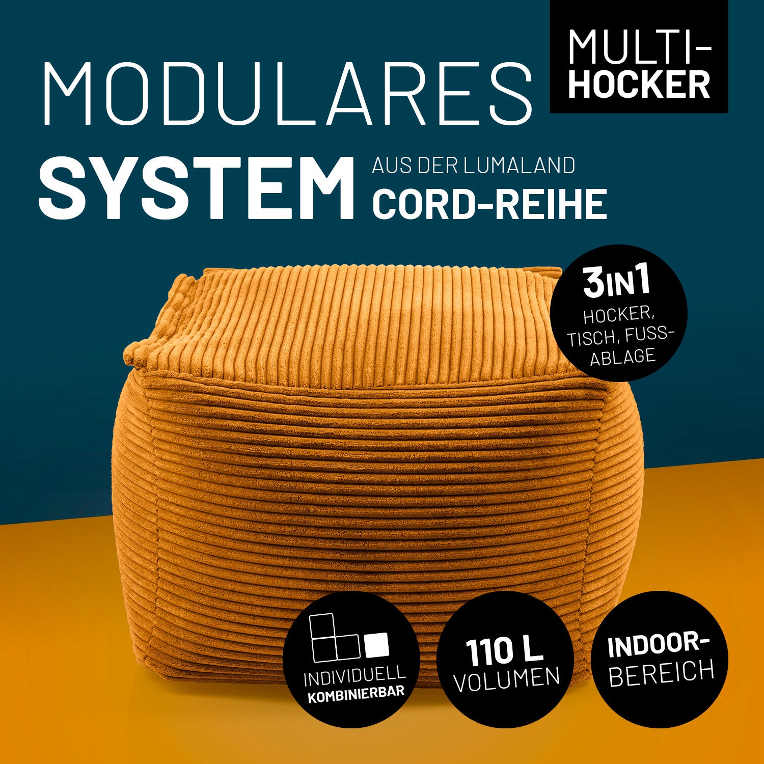 Modularer Sitzsack-Hocker aus der Cord-Reihe - Senfgelb, 110L Volumen, vielseitig als Hocker, Tisch oder Fussablage, Indoor-Bereich.