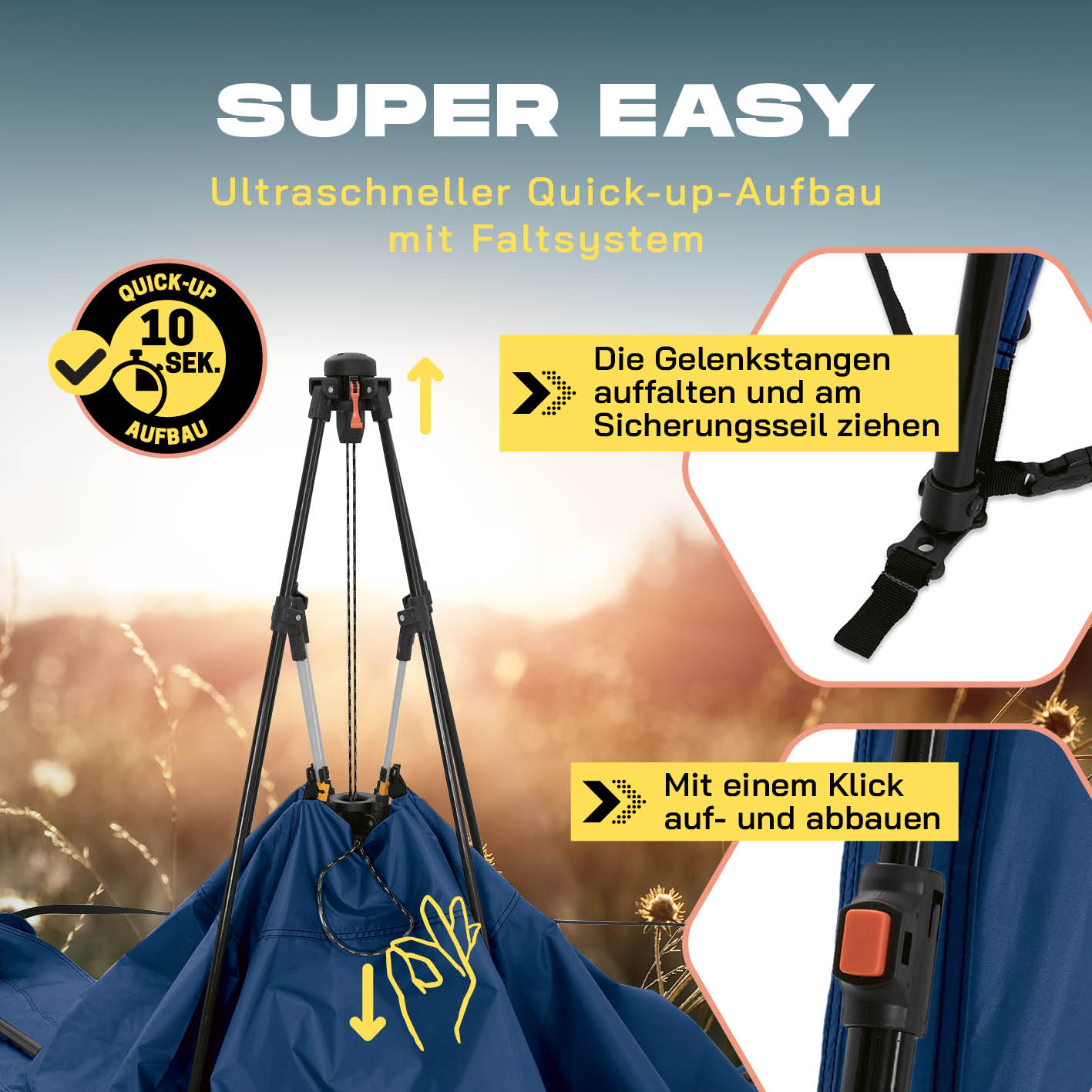 Pop up Pavillon - Blau mit ultraschnellem Quick-up-Aufbau in 10 Sekunden, wetterfest und mit einfachem Faltmechanismus.