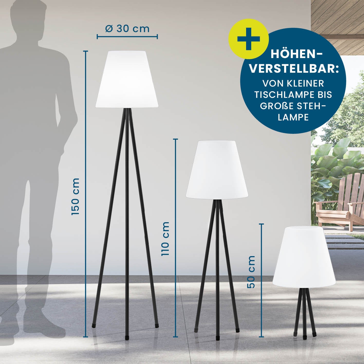 Solar-Stehlampe mit höhenverstellbarem Design, kabellos, LED-Beleuchtung, 3 einstellbare Höhen von 50 bis 150 cm, warmweißes Licht.