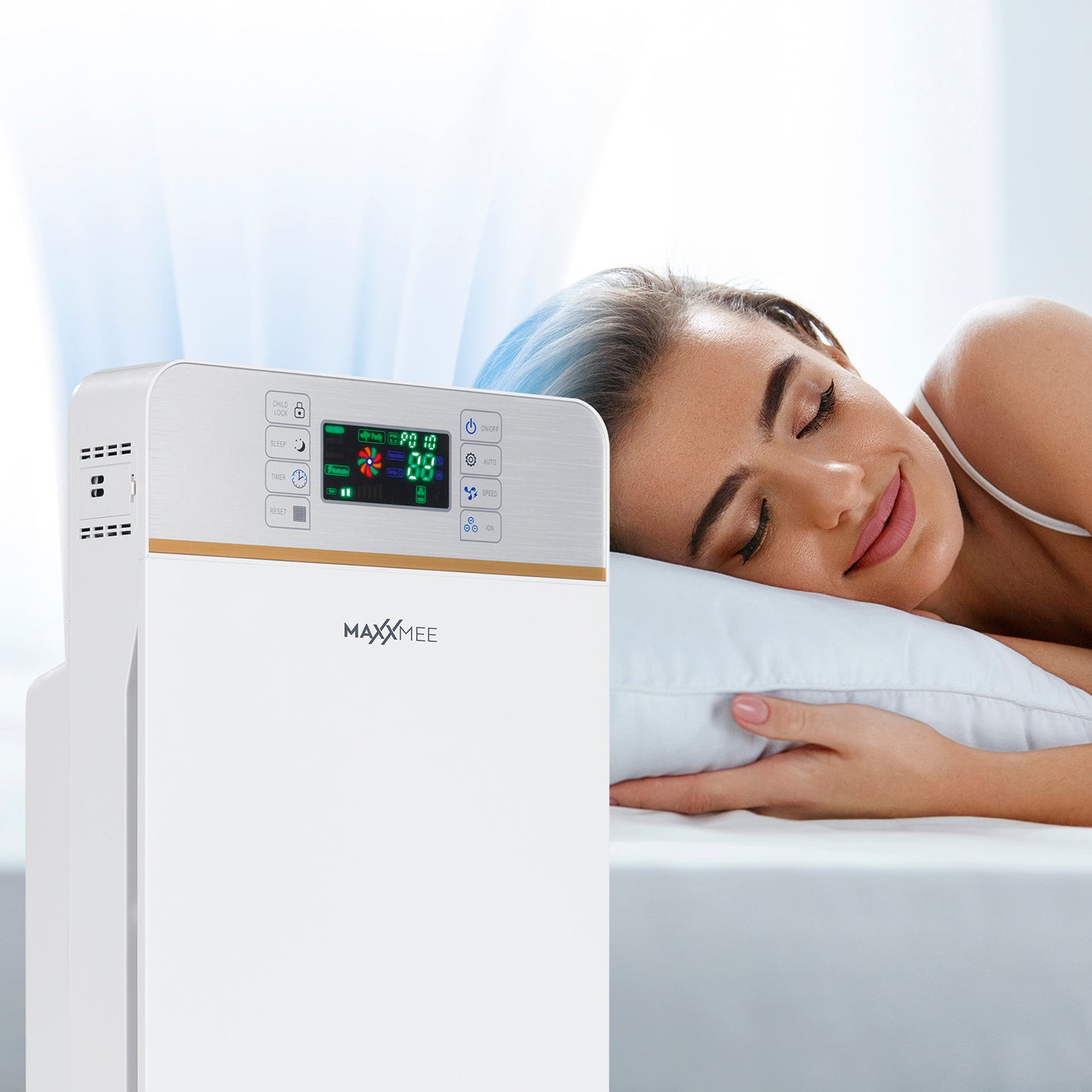 Digitaler-Luftreiniger mit 6-Stufen-Reinigungsprozess und leisem Schlafmodus, ideal für saubere Luft im Schlafzimmer.