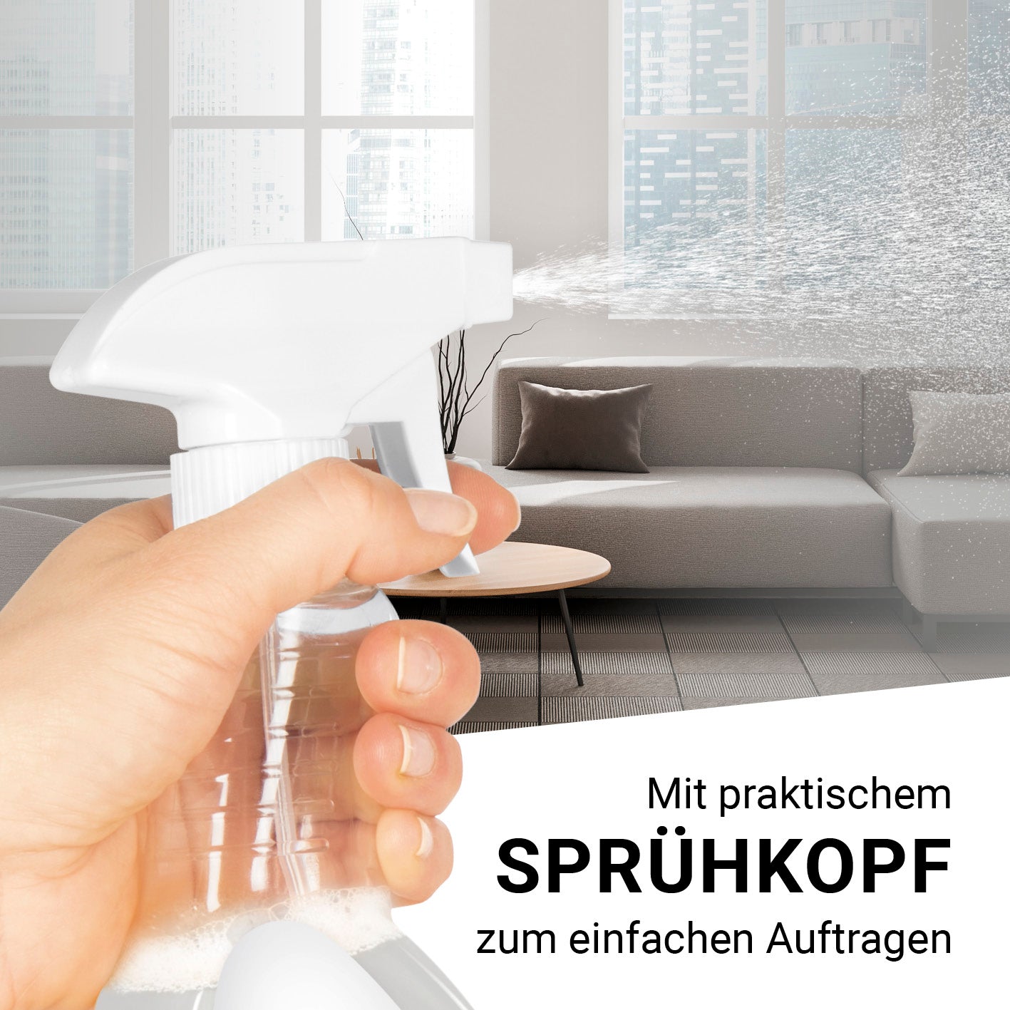 Polster- und Teppichreiniger mit Sprühkopf zur einfachen Anwendung für Teppiche, Polster und Fußmatten, made in Germany.