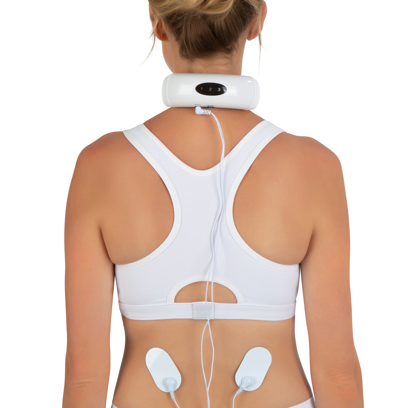 Nacken-Massagegerät EMS - 16 Intensitätsstufen - weiß/schwarz, tragbar, kabellos, mit Elektroden für Nacken- und Rückenmassage.