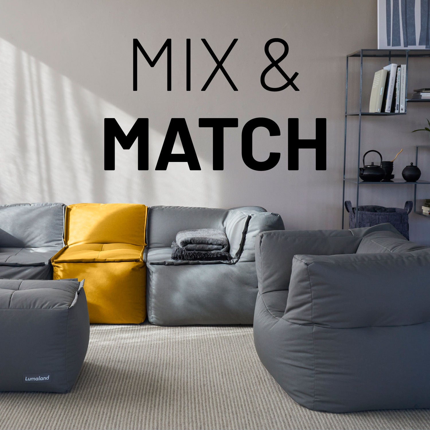 Sitzsack-Sofa Ecke (340 L) - Modulares System - indoor & outdoor - Senfgelb mit Mix-&-Fix-Reißverschluss für flexible Kombinationen.