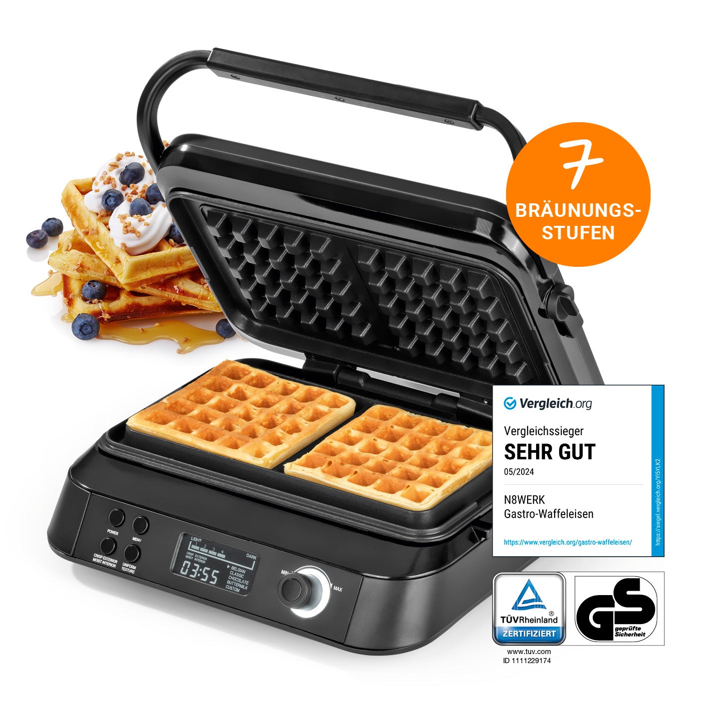 Premium-Waffeleisen mit 2 Backflächen, 7 Bräunungsstufen, LCD-Display und Antihaftbeschichtung für perfekte, fluffige Waffeln.
