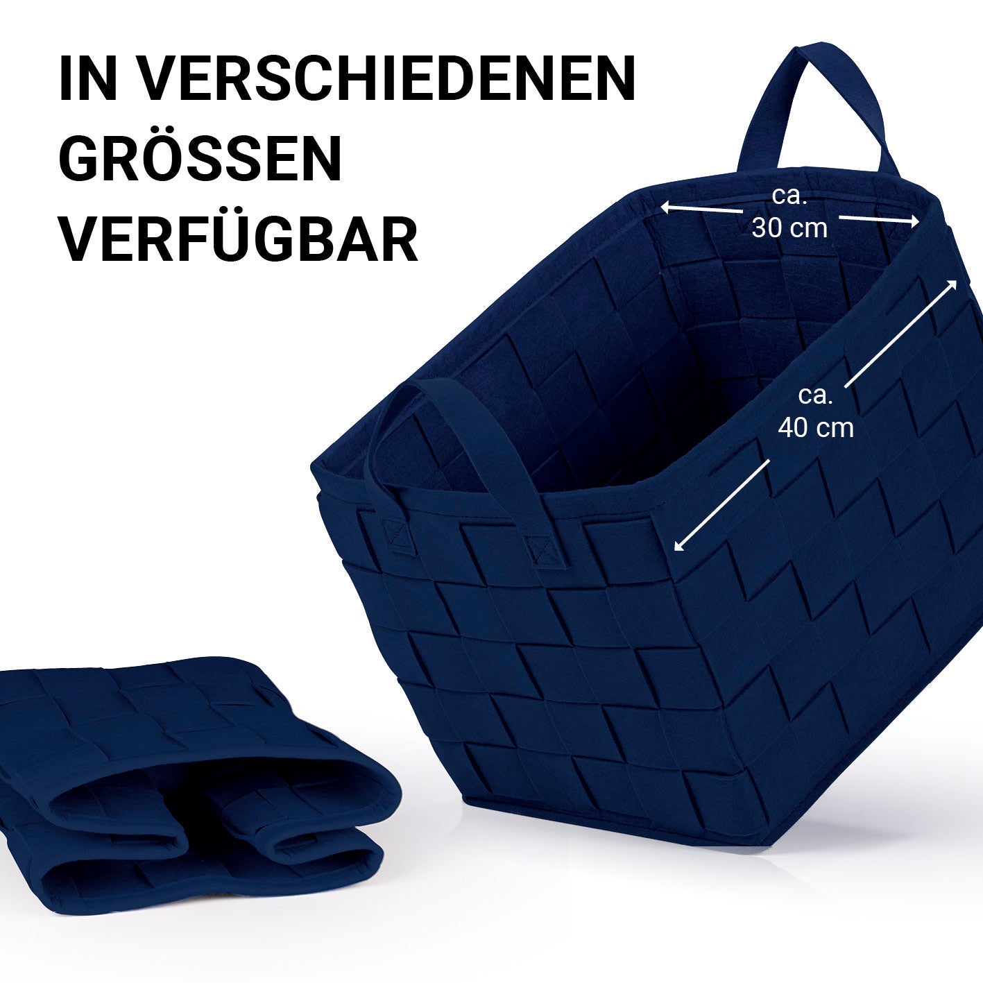Filz-Aufbewahrungstasche L - 40 x 30 x 30 cm - Dunkelblau, faltbar, mit Tragegriffen, moderner und vielseitiger Aufbewahrungskorb aus strapazierfähigem Filz.