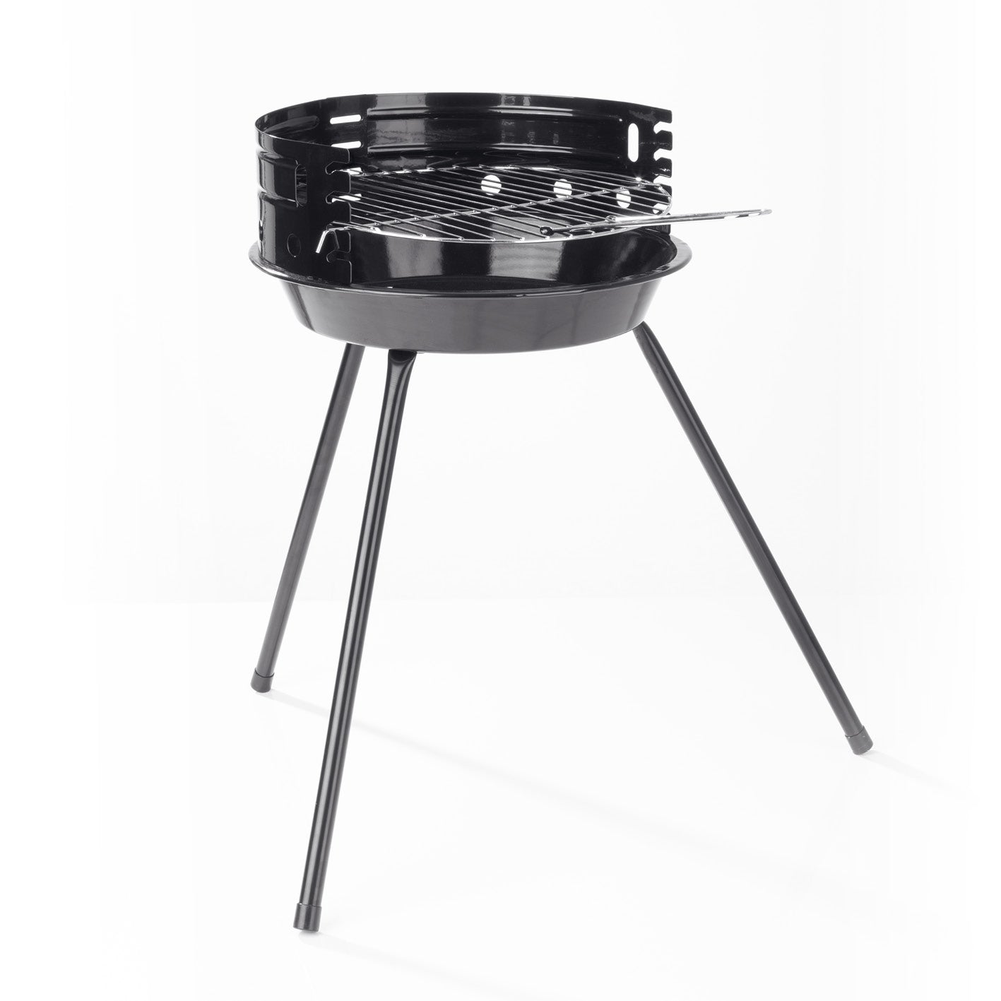 Rundgrill - 30 cm mit höhenverstellbarem Grillrost, pulverbeschichteten Stahlbeinen und emaillierter Feuerschüssel, ideal für unterwegs.