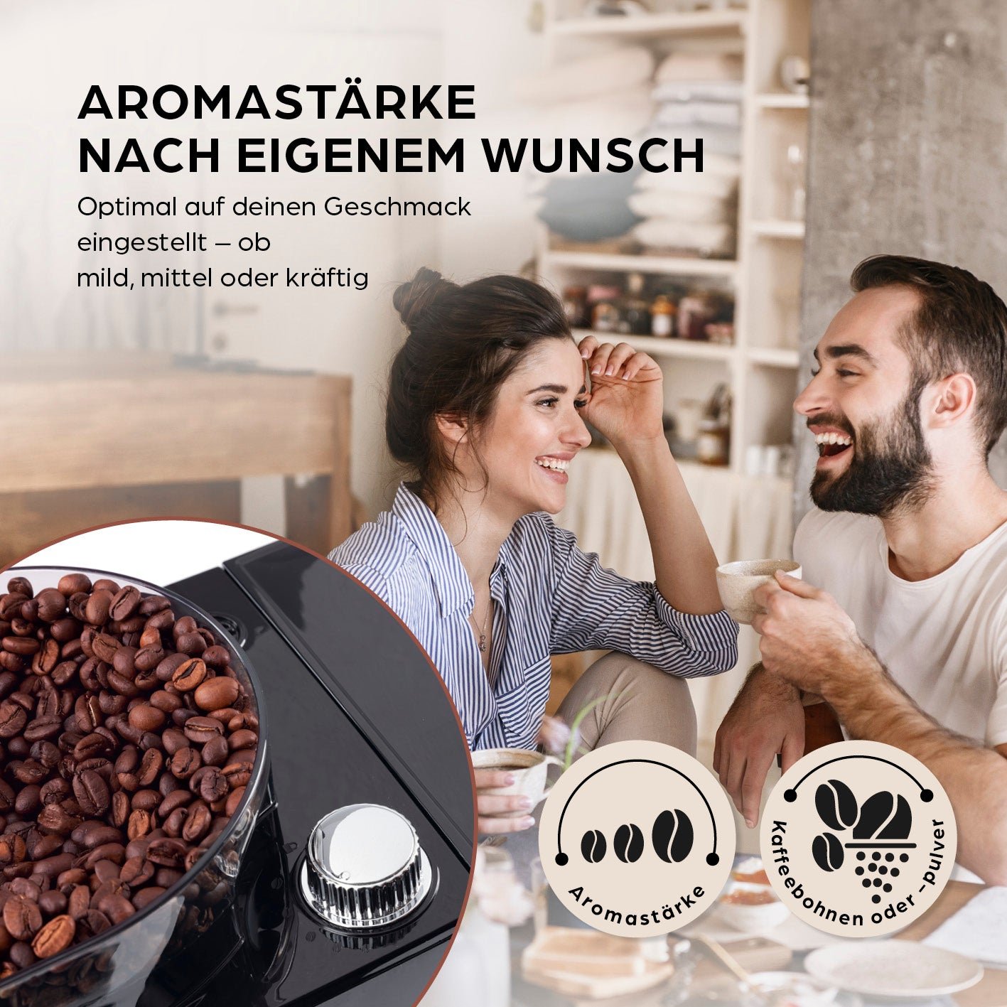 Filterkaffeemaschine Grind mit Aromastärkeregler, Mahlwerk für Kaffeebohnen oder Pulver und LED-Touchdisplay für individuellen Kaffeegenuss.
