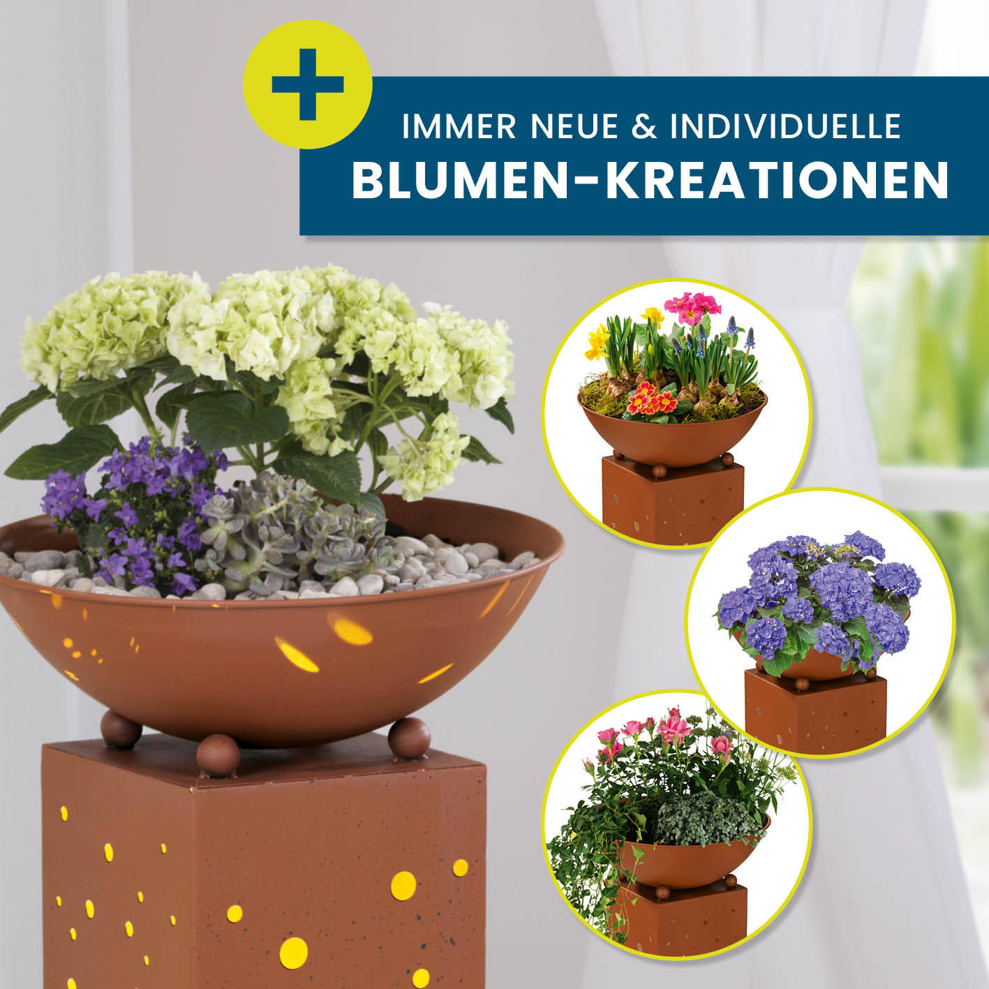 LED Pflanzsäule in Rost-Optik - 19 x 19 x 72 cm mit abnehmbarer Pflanzschale und LED-Beleuchtung im Pusteblumen-Design.