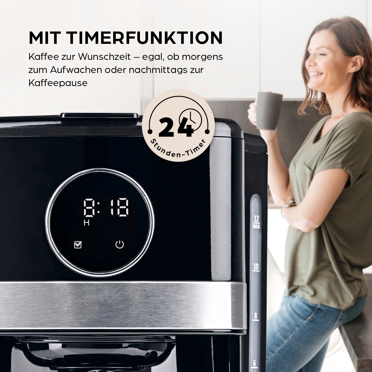 Filterkaffeemaschine Touch mit digitalem LED-Touchdisplay, Timerfunktion und 1,5 l Wassertank für bis zu 12 Tassen Kaffee.