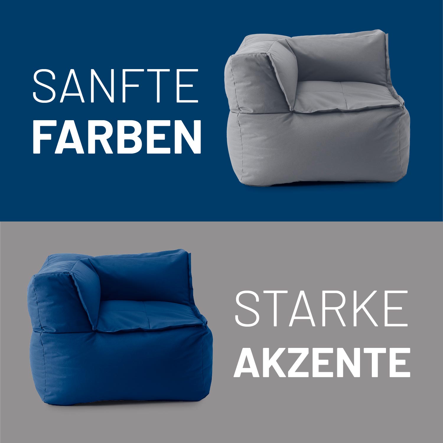 Sitzsack-Sofa Ecke (340 L) in Navyblau, modulares System, indoor & outdoor, extra stark mit abwischbarem Bezug und verdeckten Reißverschlüssen.