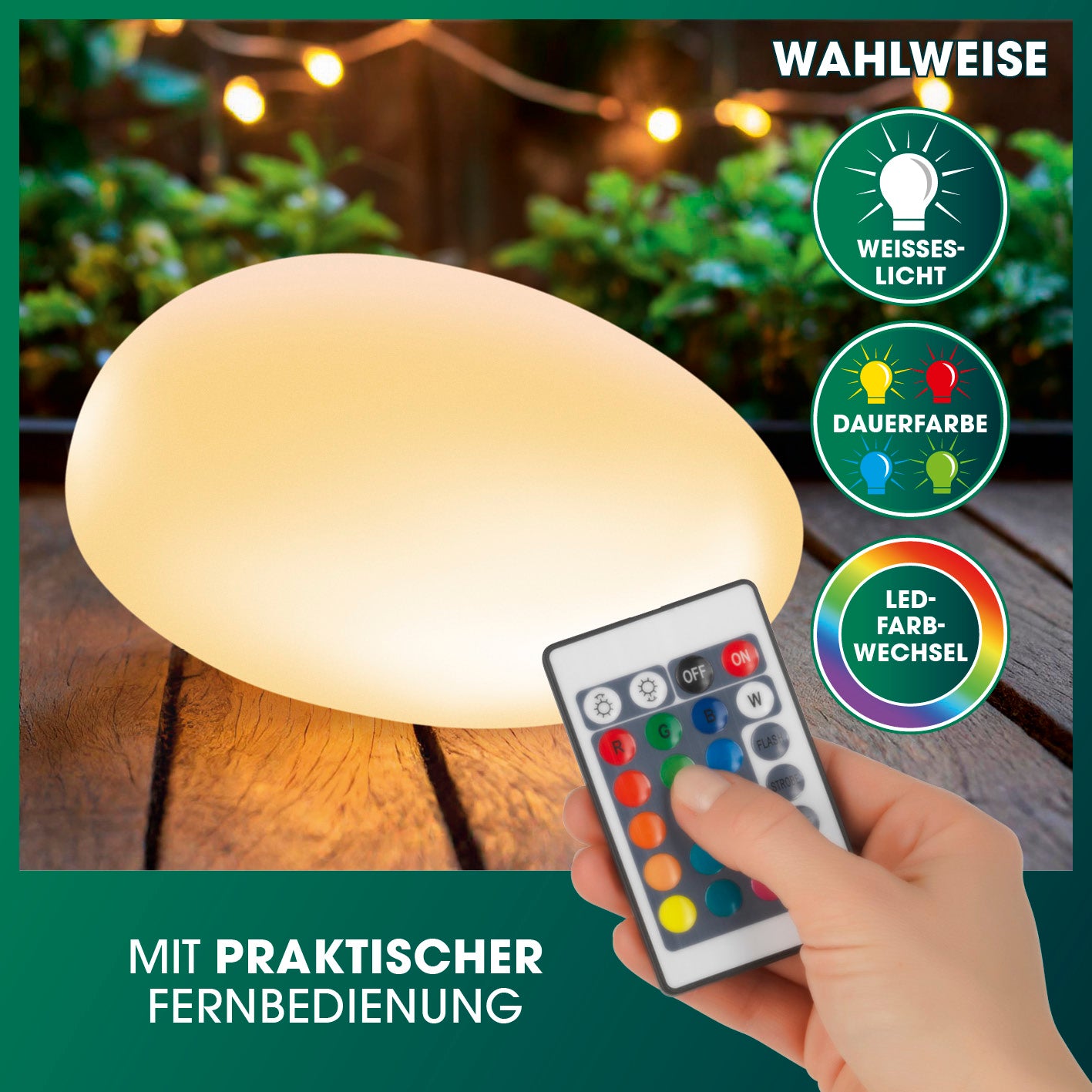 Solar-Leuchte Stein mit Farbwechsel mit 4 LEDs, Fernbedienung, warmweißem Licht und LED-Farbwechsel, wetterfest IP67, mit Erdspieß.