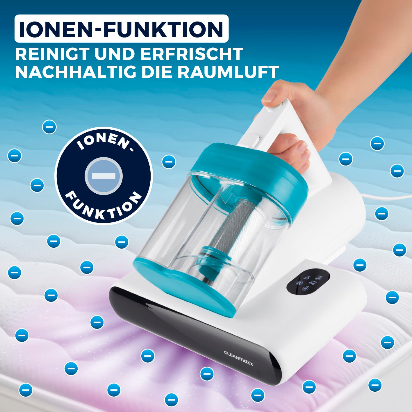 Milbensauger Rotation - blau/weiß mit Ionen-Funktion zur nachhaltigen Reinigung und Erfrischung der Raumluft über textilen Oberflächen.