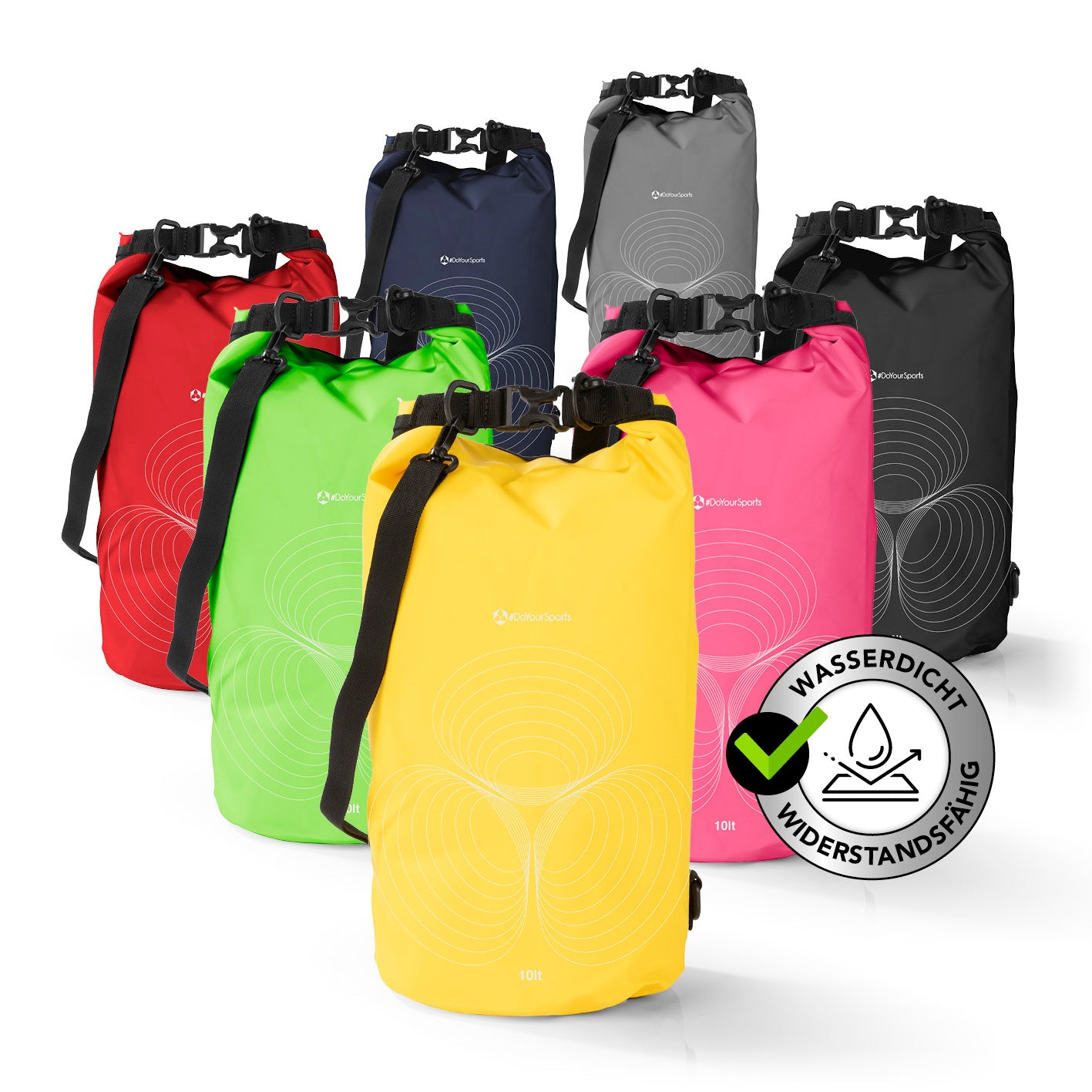 Dry Bag 10L - Gelb, wasserfester und robuster Outdoor-Rucksack mit Rolltop-Verschluss und verstellbarem Schultergurt.