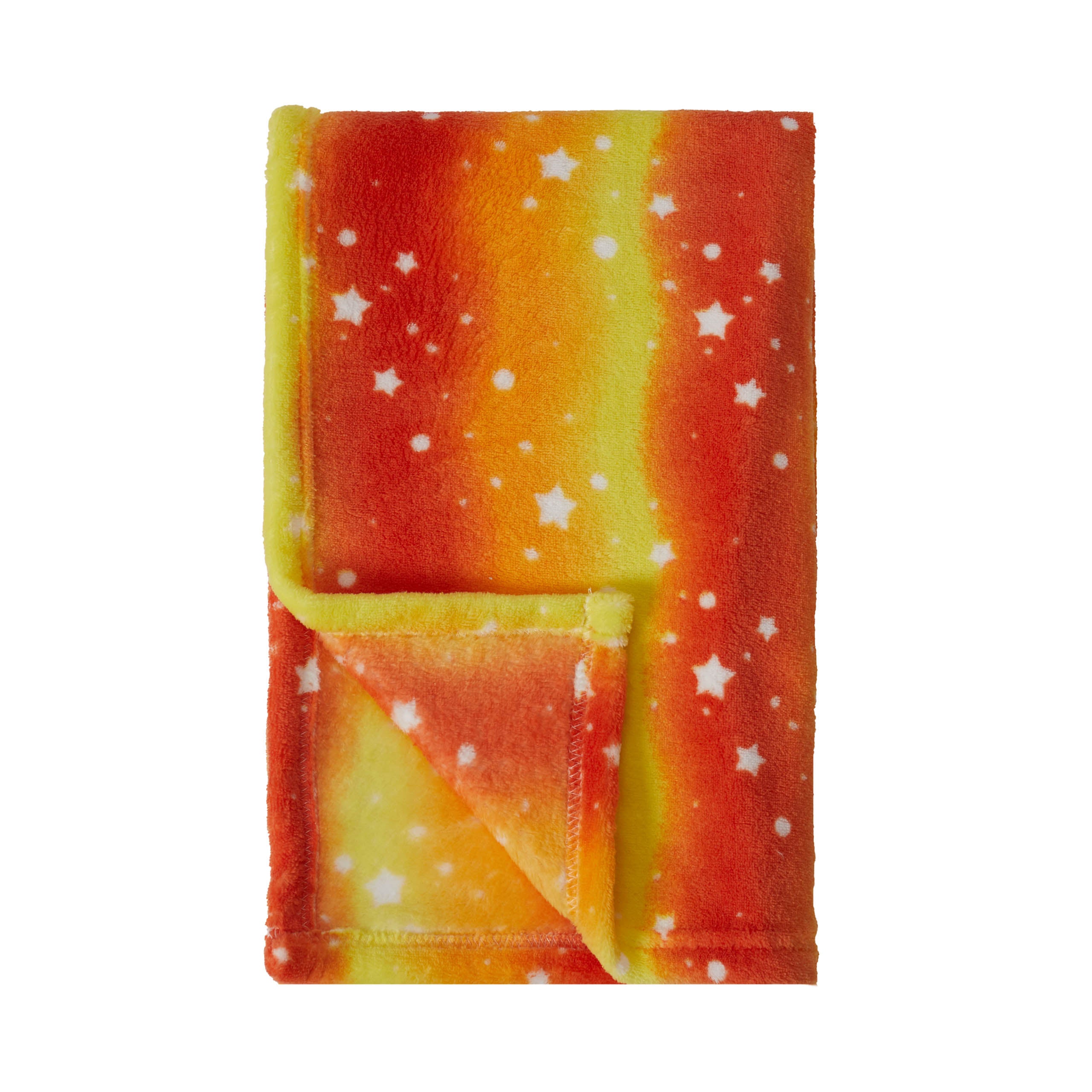 Kuscheldecke für Kinder - 100 x 150 cm - Orange Star, weich, bunt mit Sternenmotiv, aus flauschigem Coral-Fleece in Regenbogen-Orange.
