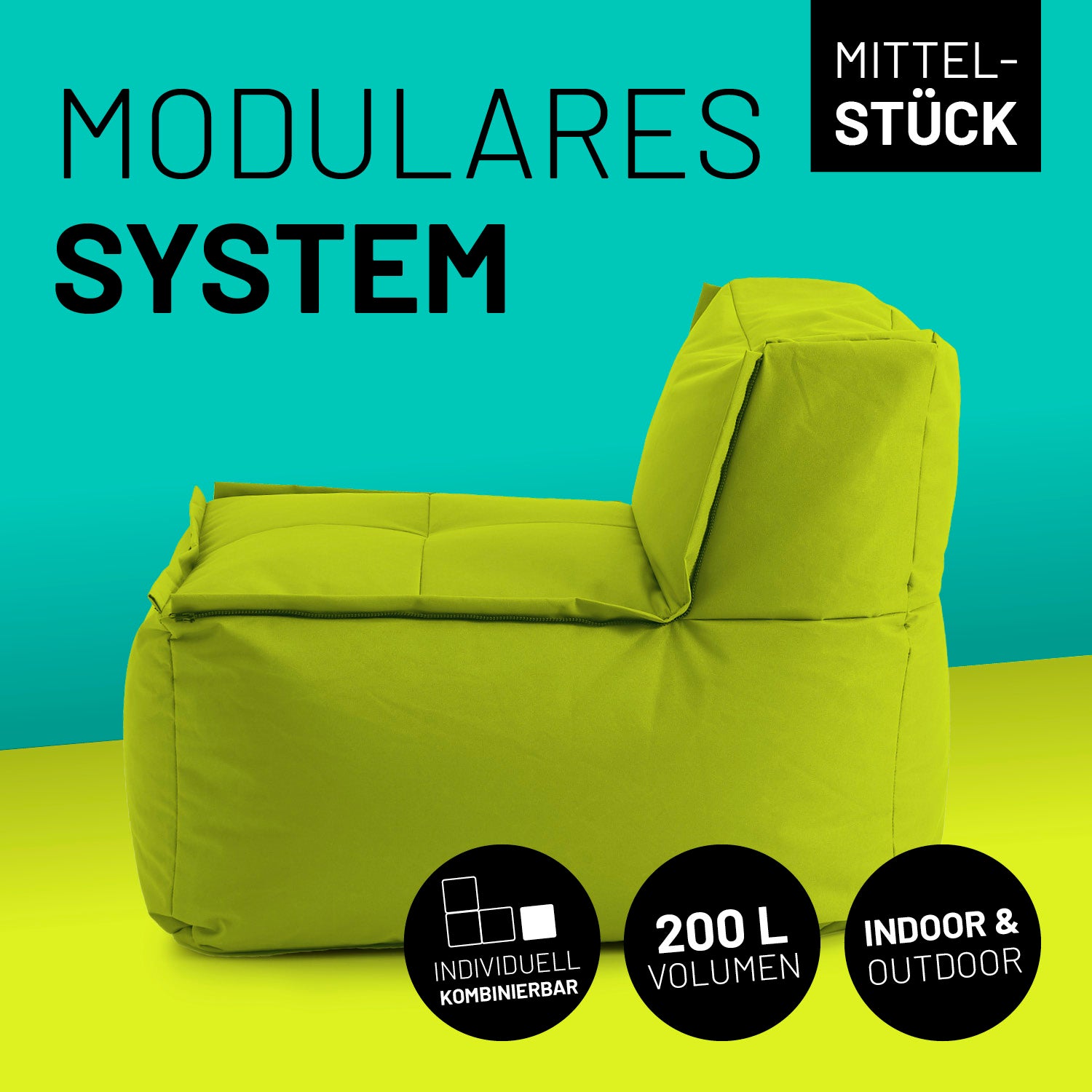 Sitzsack-Sofa Mittelstück (200 L) apfelgrün, modulares System, indoor & outdoor, extrastark, pflegeleicht mit verdeckten Reißverschlüssen.