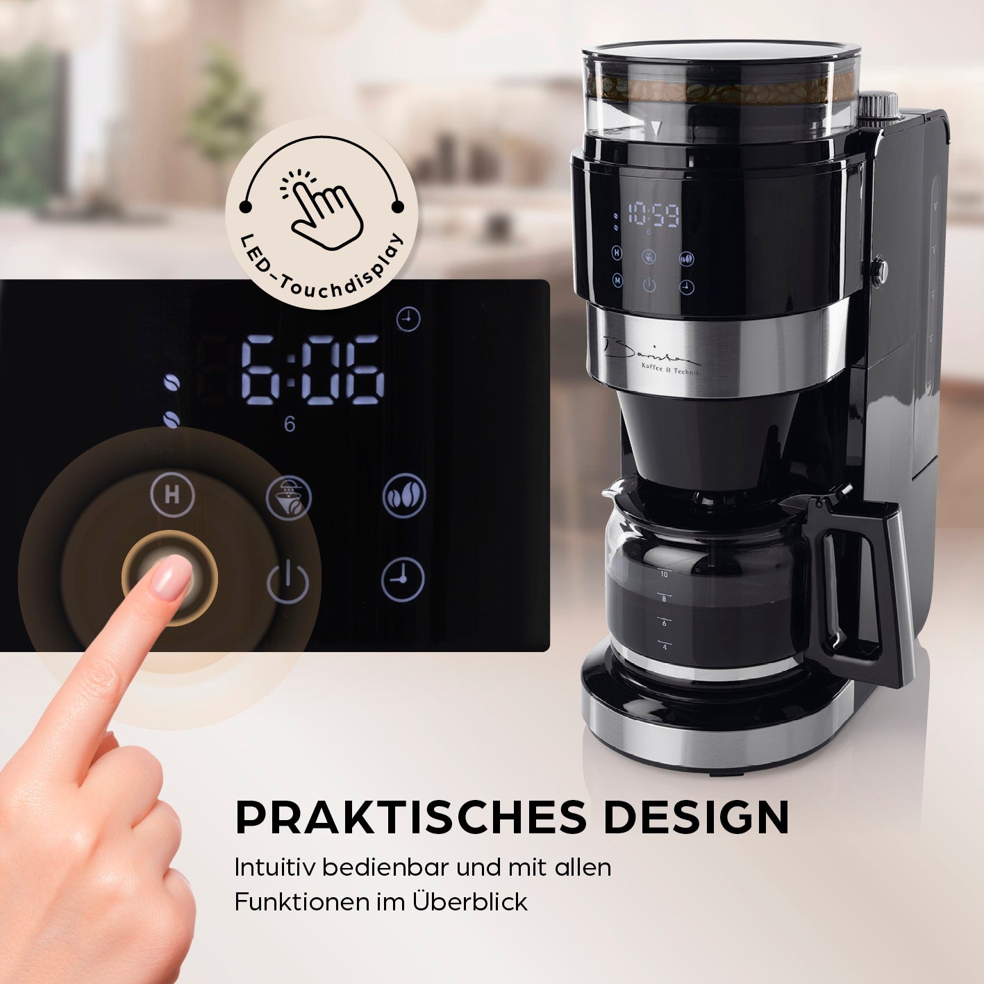 Filterkaffeemaschine Grind mit integriertem Mahlwerk und LED-Touchdisplay für frischen Kaffee und einfaches Timer-Setup.