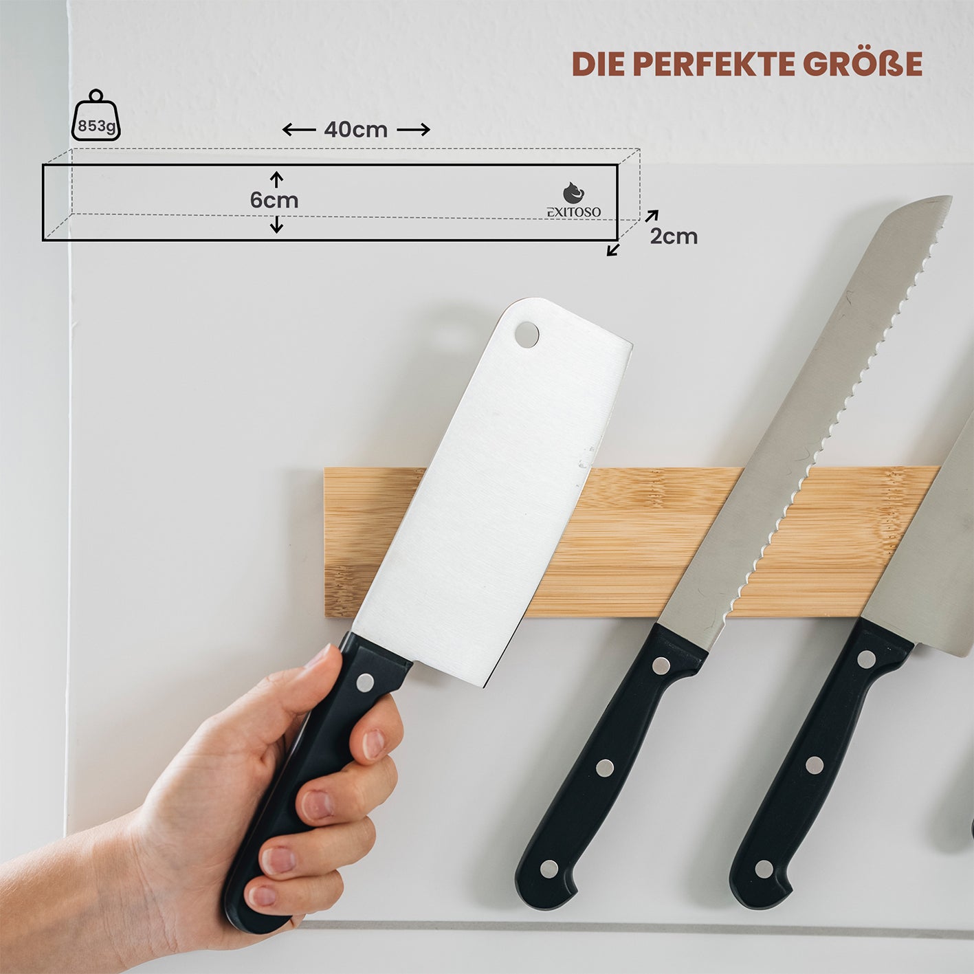 Messer-Magnetleiste - selbstklebend - Bambus - 40 cm mit starkem Magnet hält Messer sicher und sorgt für ordentliche Küche.