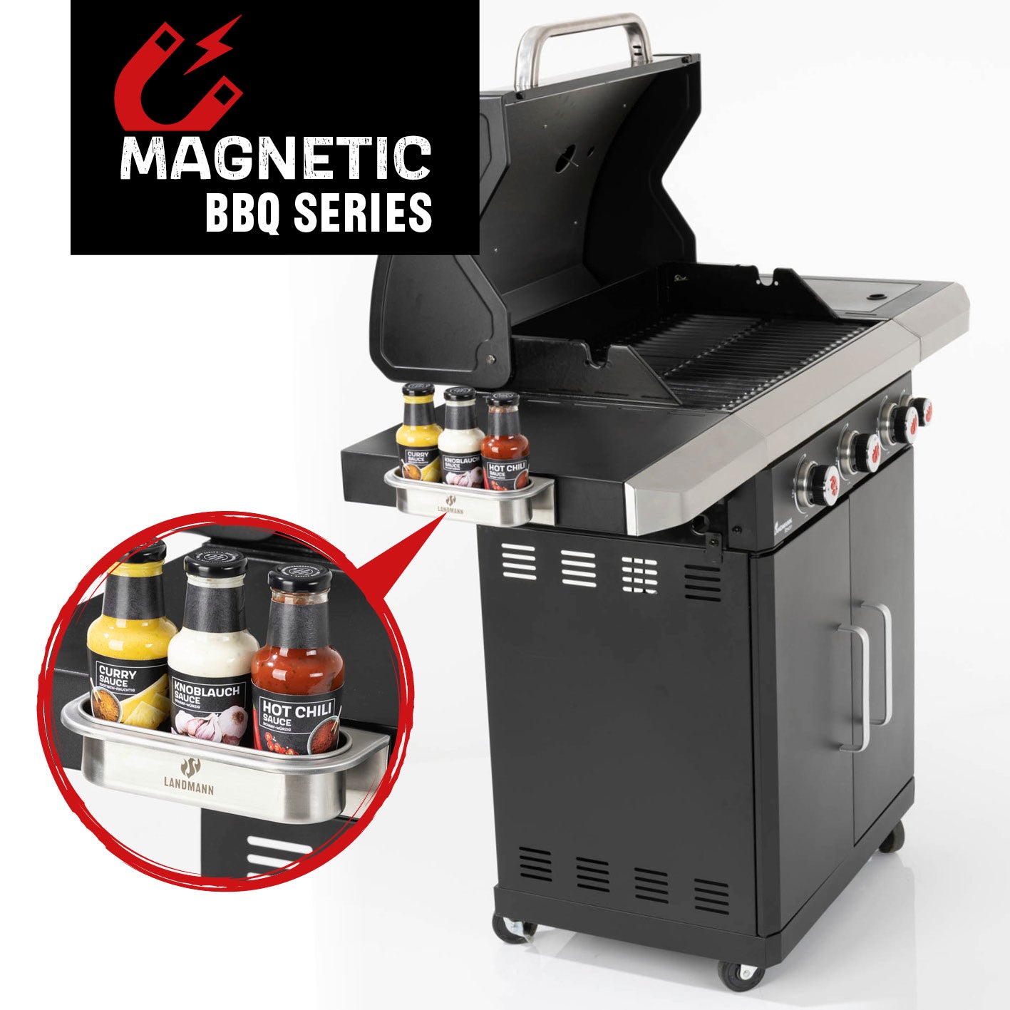Magnet Saucenhalter aus Edelstahl mit starkem Magnet, für 3 Saucenflaschen am Grill oder Kühlschrank griffbereit.