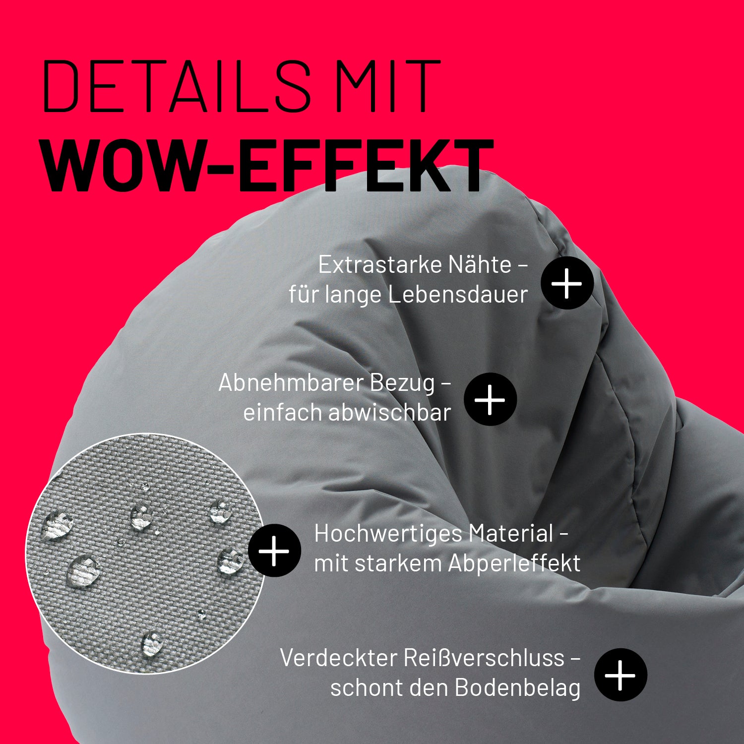 Sitzsack Drops (300 L) Grau mit extrastarken Nähten, abnehmbarem Bezug, Abperleffekt und verdecktem Reißverschluss für indoor & outdoor.