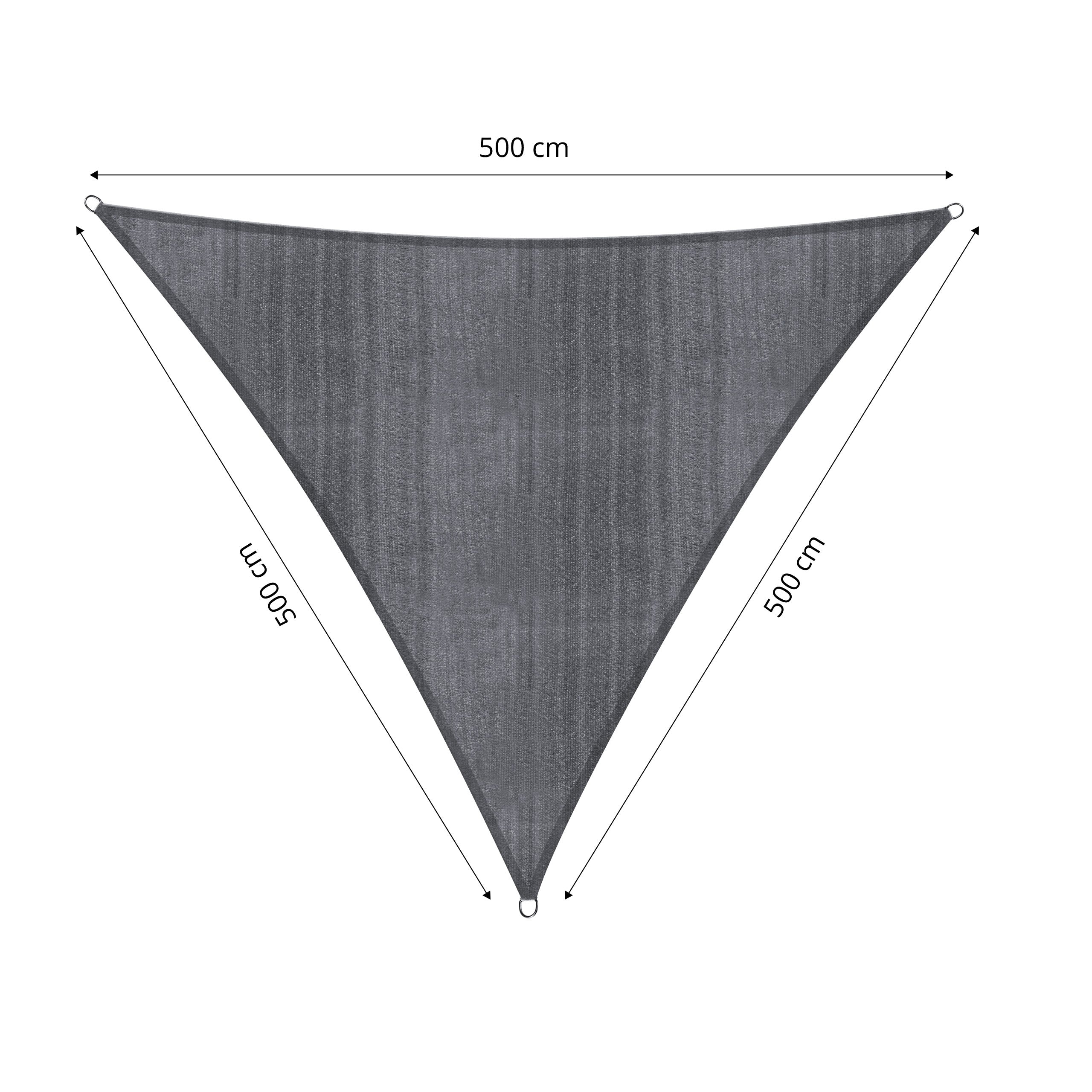 Dunkelgraues Sonnensegel Dreieck 5 x 5 x 5 Meter aus 100% HDPE mit UV-Schutz und stabilen Befestigungsringen