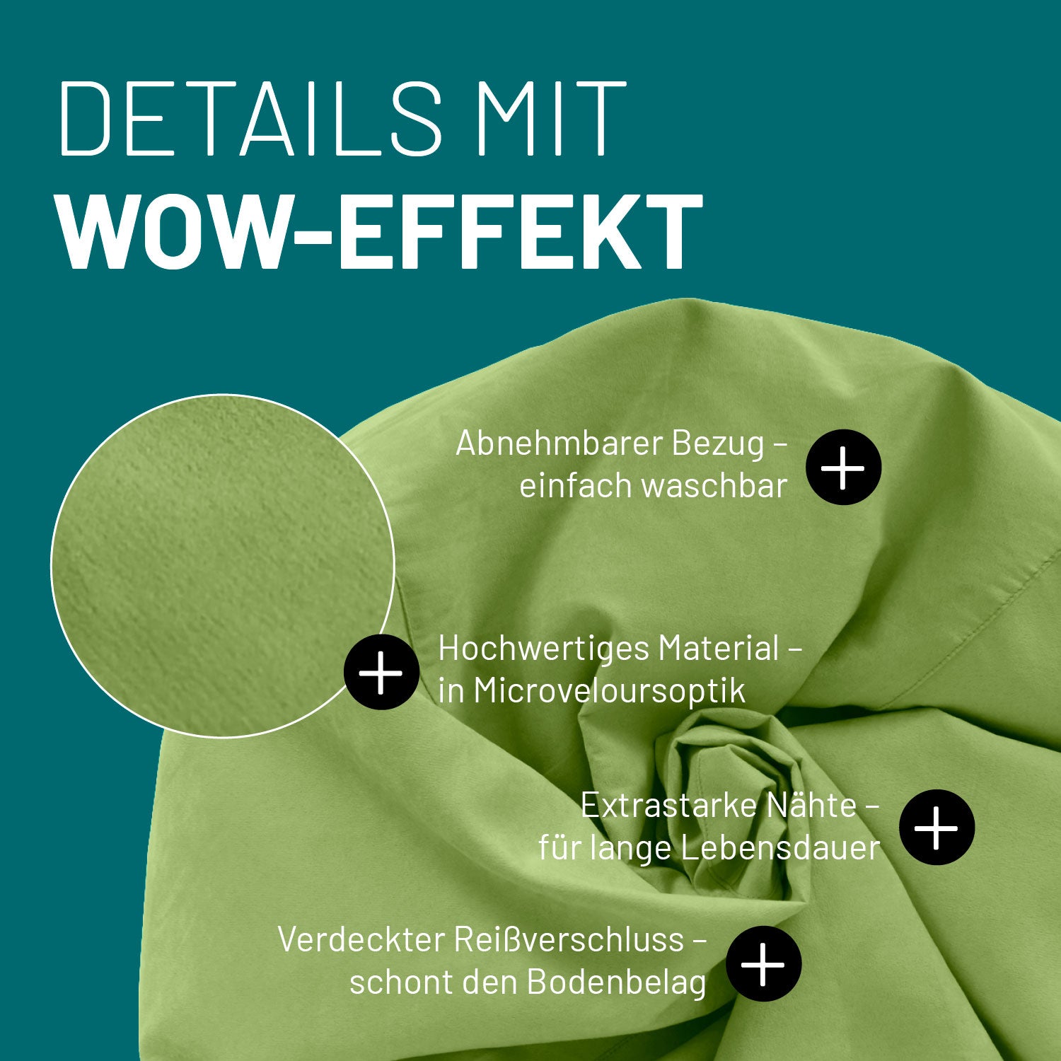 Luxury XL Sitzsack (120 L) - Grün mit abnehmbarem Bezug, Mikrovelours, extra starken Nähten und verdecktem Reißverschluss.