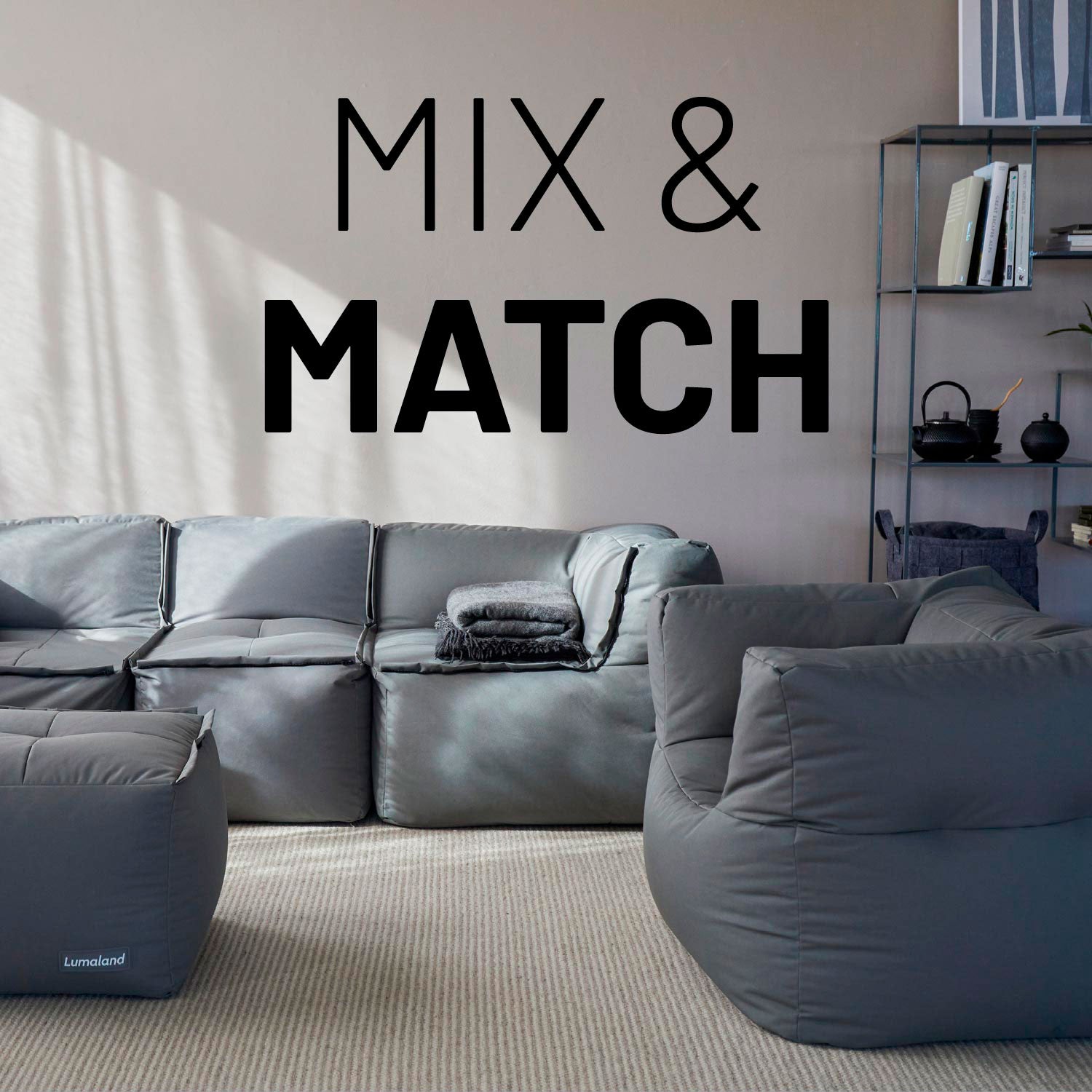 Sitzsack-Sofa Ecke (340 L) grau, modulares System mit Mix-&-Fix-Reißverschluss, indoor & outdoor, langlebig und pflegeleicht.