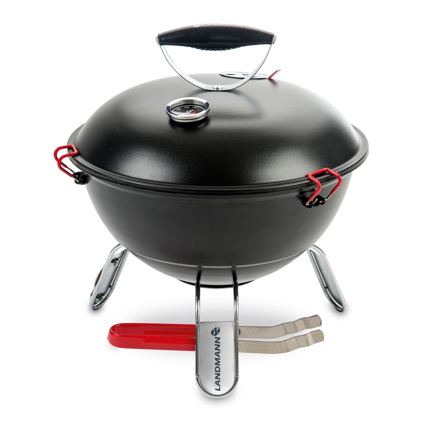 Piccolino King Grill mit pulverbeschichtetem Deckel und Feuerschale, gummierten Deckelklammern und inklusive Edelstahl Grillzange.