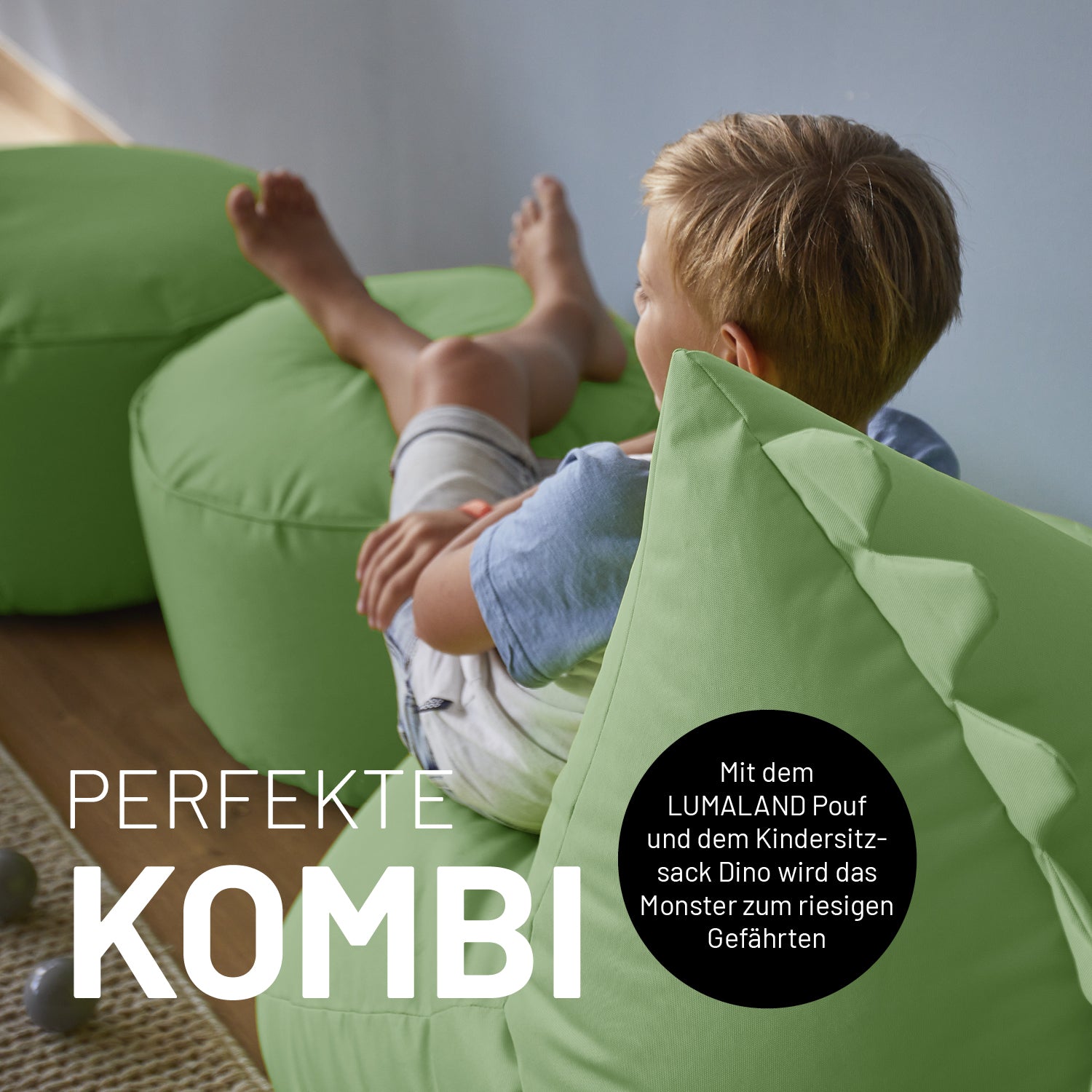 Kindersitzsack-Set "Dino" (2-tlg.) in Pastell Grün, wasserabweisend, ideal für drinnen & draußen, mit weicher EPS-Füllung und extrastarken Nähten.