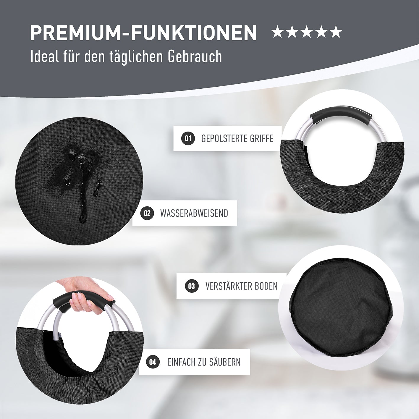Faltbarer Pfandflaschen Sammelbehälter - Grau mit wasserabweisendem Polyester, gepolsterten Griffen und verstärktem Boden.