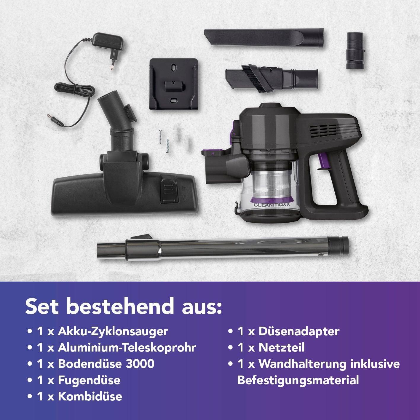 Akku-Zyklonstaubsauger Set mit Handsauger, Verlängerungsrohr, Bodendüse, Fugendüse, Kombidüse, Netzteil und Wandhalterung.