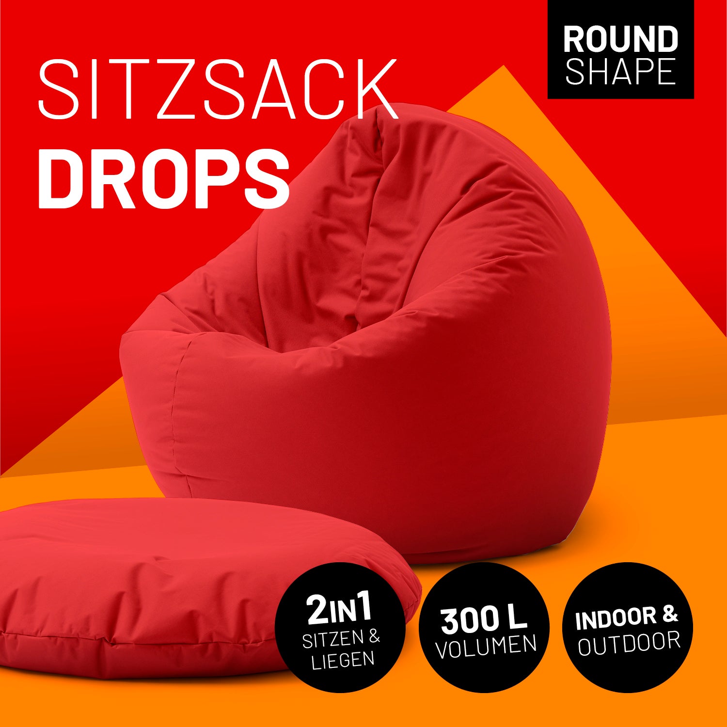 Sitzsack Drops (300 L) – moderner roter Sitzsack für drinnen & draußen, leicht, langlebig mit hochwertiger Füllung und verdecktem Reißverschluss.