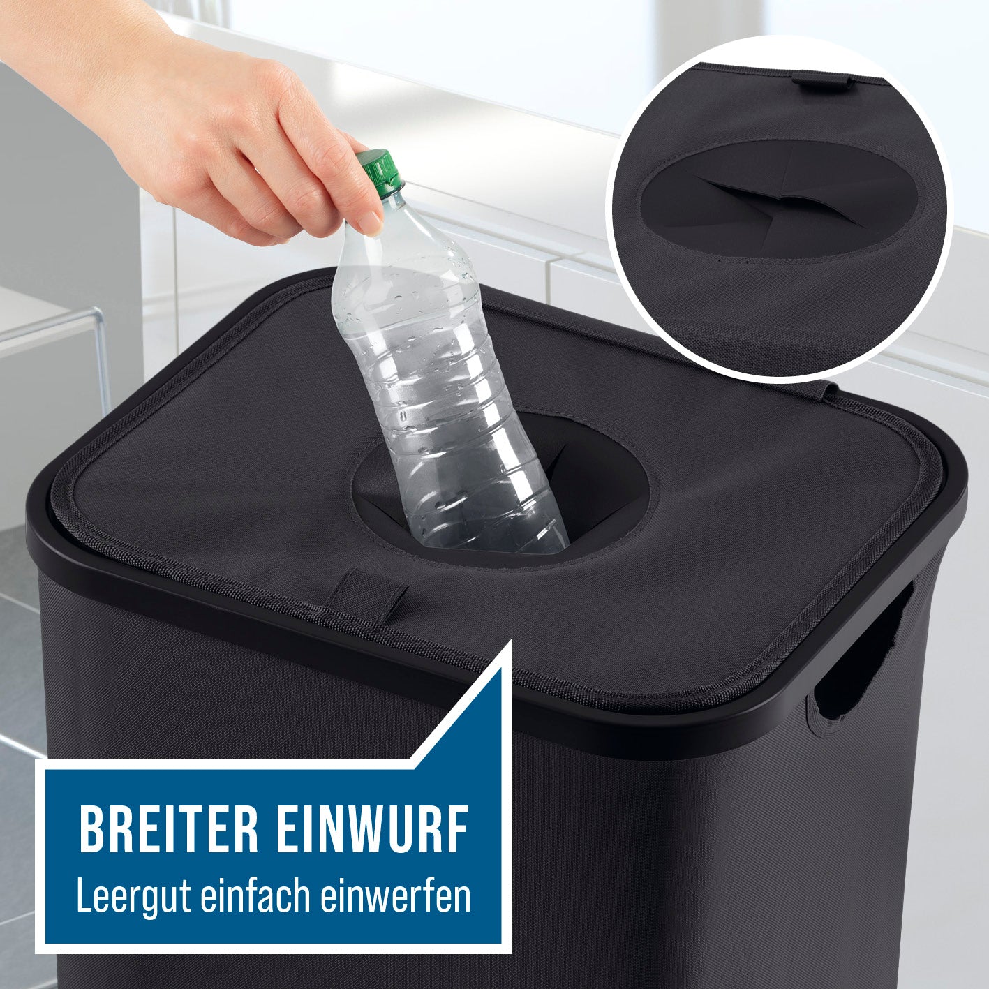 Pfandflaschen-Sammelbehälter - Schwarz mit breiter Öffnung zum einfachen Einwerfen von Flaschen, faltbar und praktisch für den Alltag.