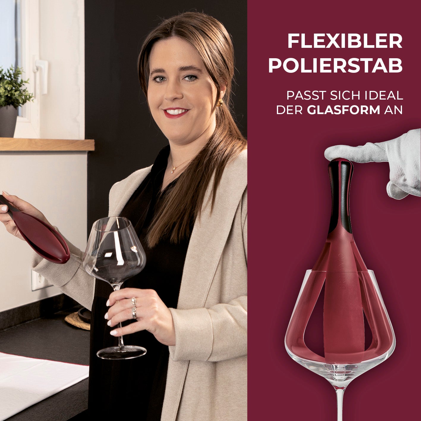 Weinglaspolierer inkl. 3 Poliertücher für schlierenfreies Polieren ohne Fingerabdrücke, passt flexibel jeder Glasform.