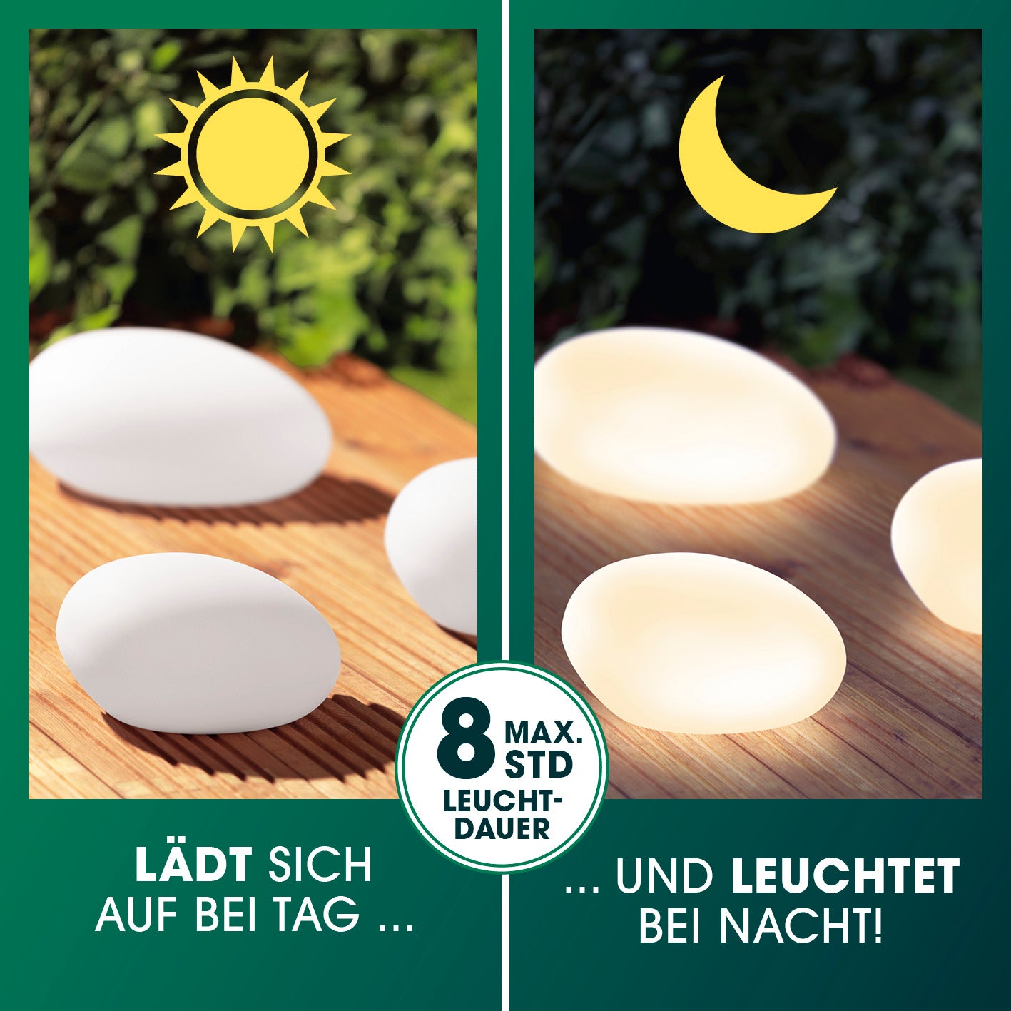 Solar-Leuchten Set Stein flach - 3er-Set mit automatischem Tageslichtsensor, warmweißem Licht, Farbwechsel und langlebiger Leuchtdauer.