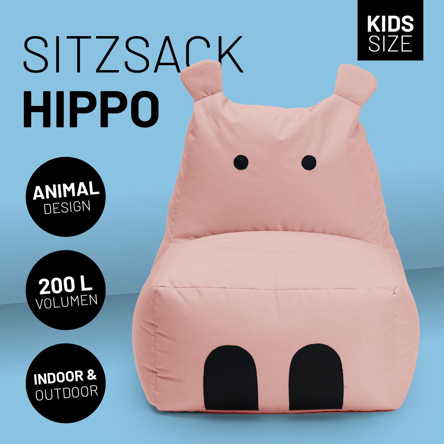 Kindersitzsack Animal Line Hippo (200 L) in Pastell Pink, wasserabweisend, weich und kuschelig, für Indoor & Outdoor geeignet.