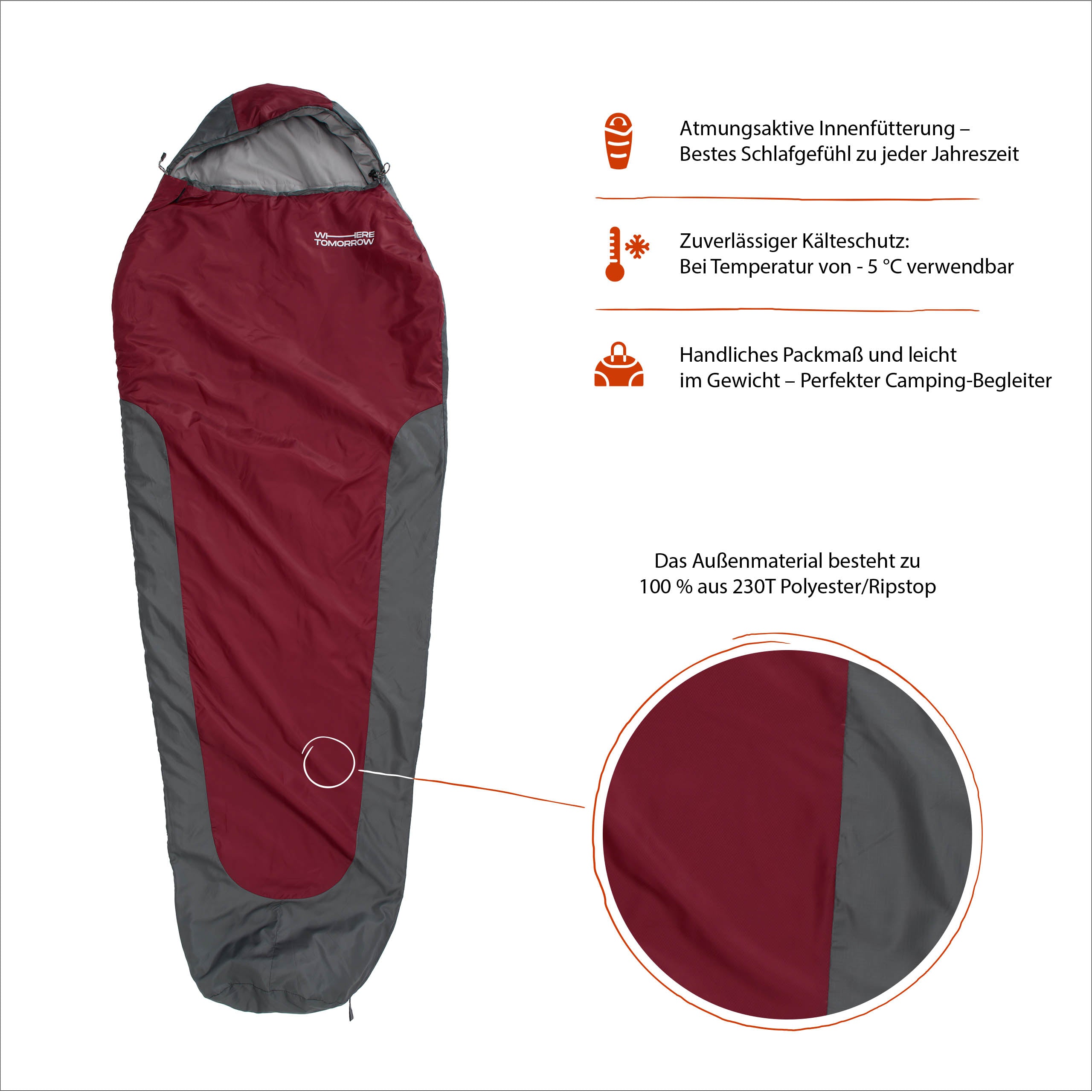 Camping Schlafsack Small & Light - Mumienschlafsack mit Tasche - 220 x 80 x 50 cm - Rot-Grau