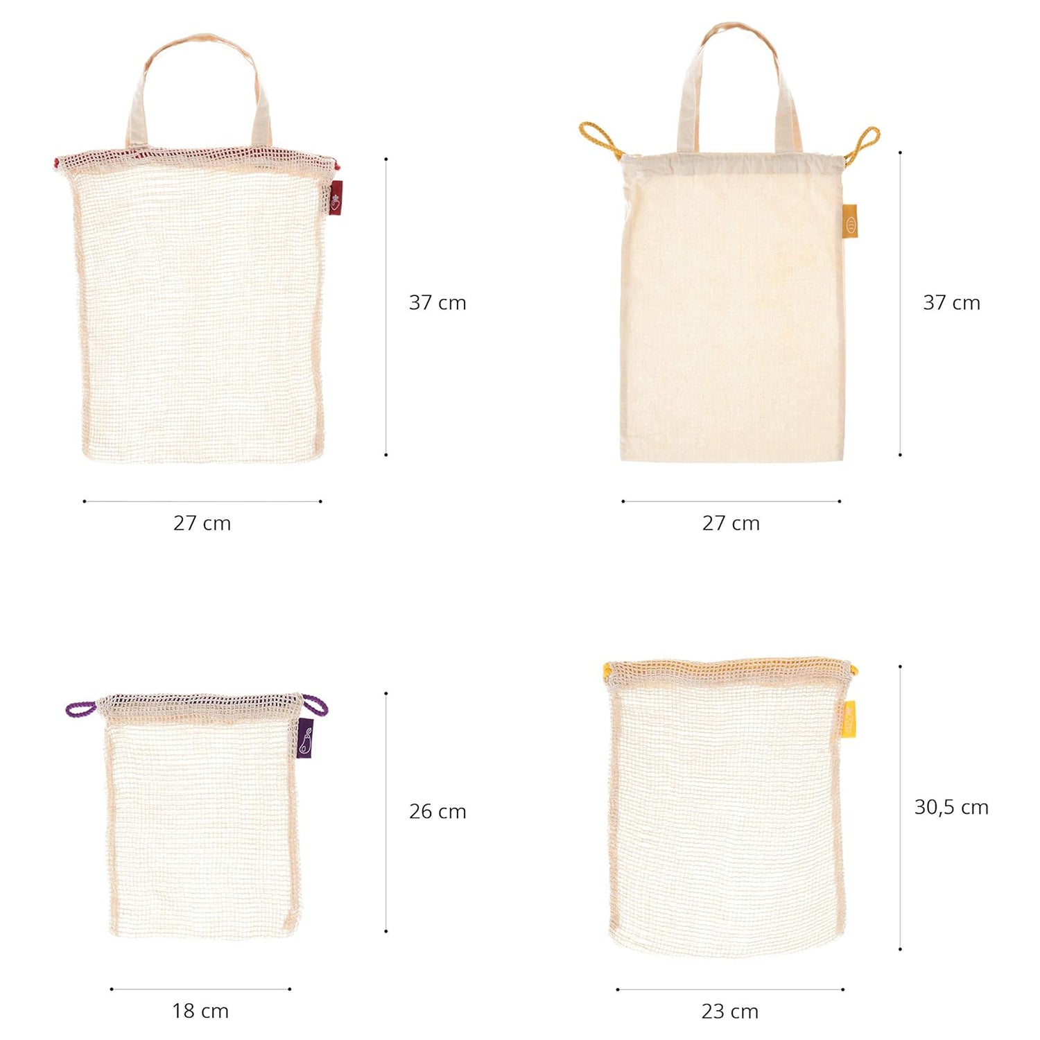 Einkaufsbeutel aus 100% Baumwolle - 4er-Set von Lumaland, nachhaltige, wiederverwendbare Baumwolltaschen in verschiedenen Größen.