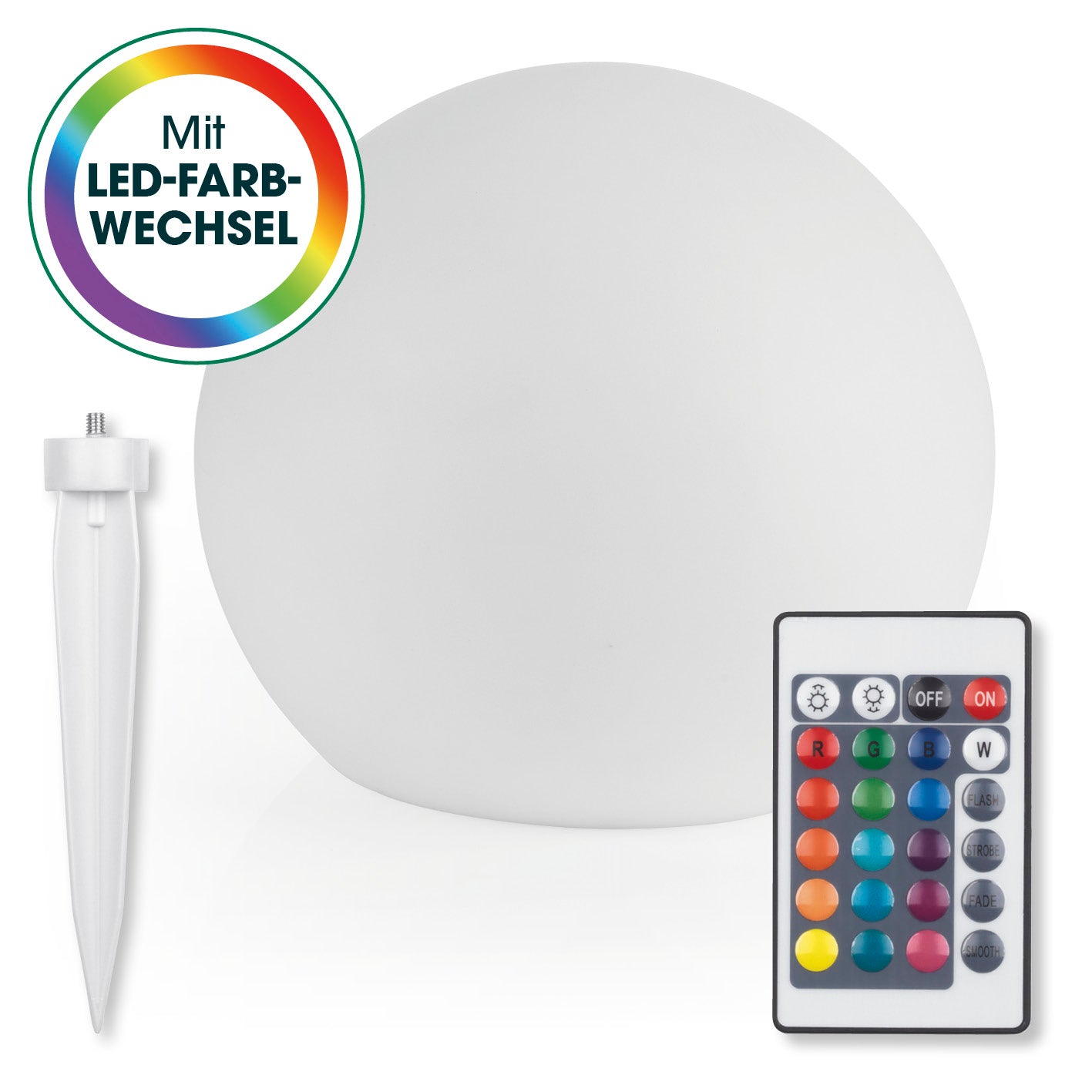 Solar-Dekokugel mit Farbwechsel, IP67 wetterfest, 4 LEDs, Solarpanel mit Tageslichtsensor und Erdspieß zum Verankern im Boden.