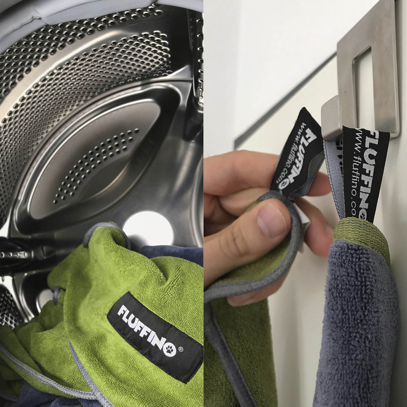 Hundehandtuch Mikrofaser – 4er-Pack - Grau & Grün von FLUFFINO, saugfähig, schnell trocknend, waschbar bei 60 Grad, praktisch mit Handtaschen.