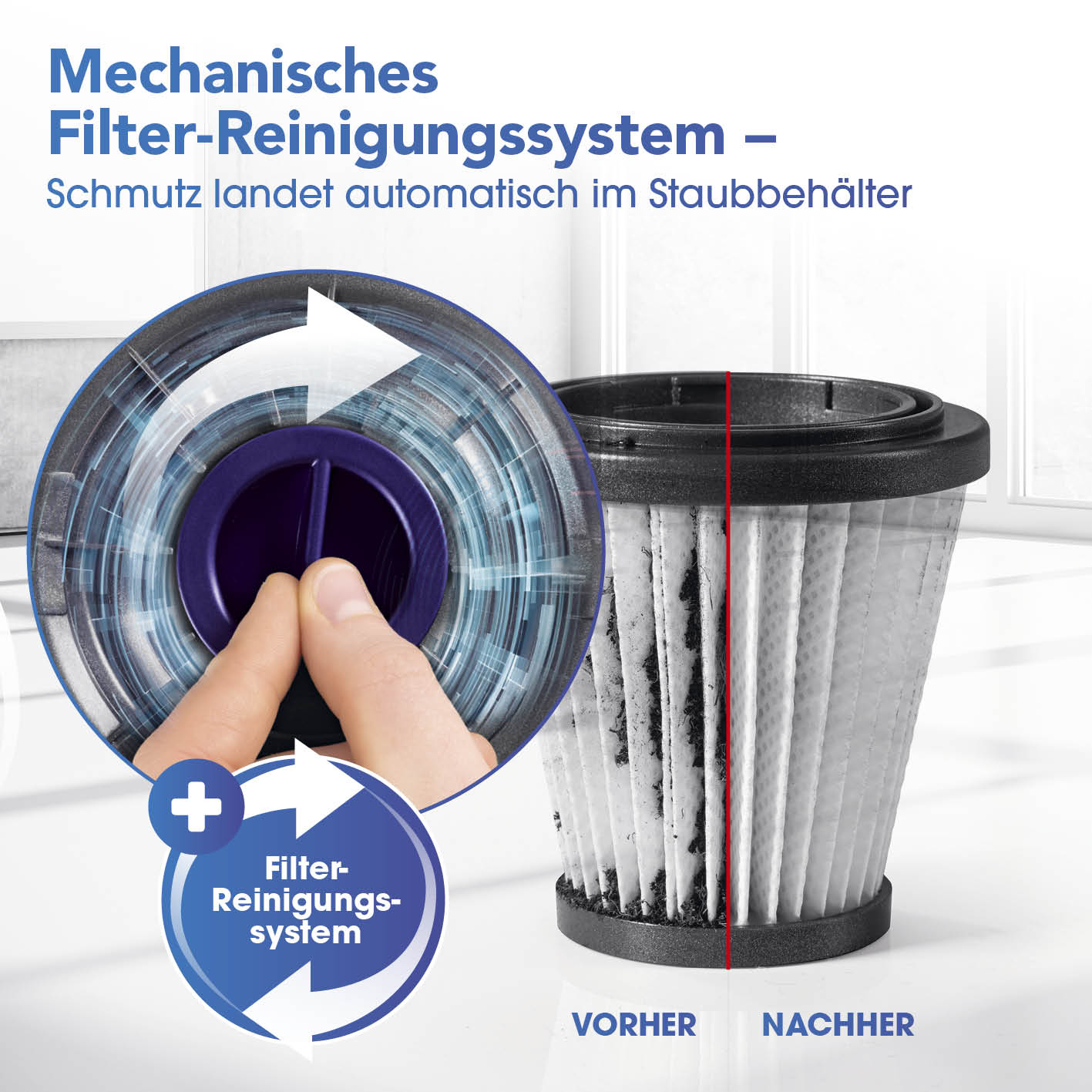 Akku-Zyklon-Staubsauger - anthrazit/lila mit mechanischem Filter-Reinigungssystem für einfache und hygienische Filterpflege.