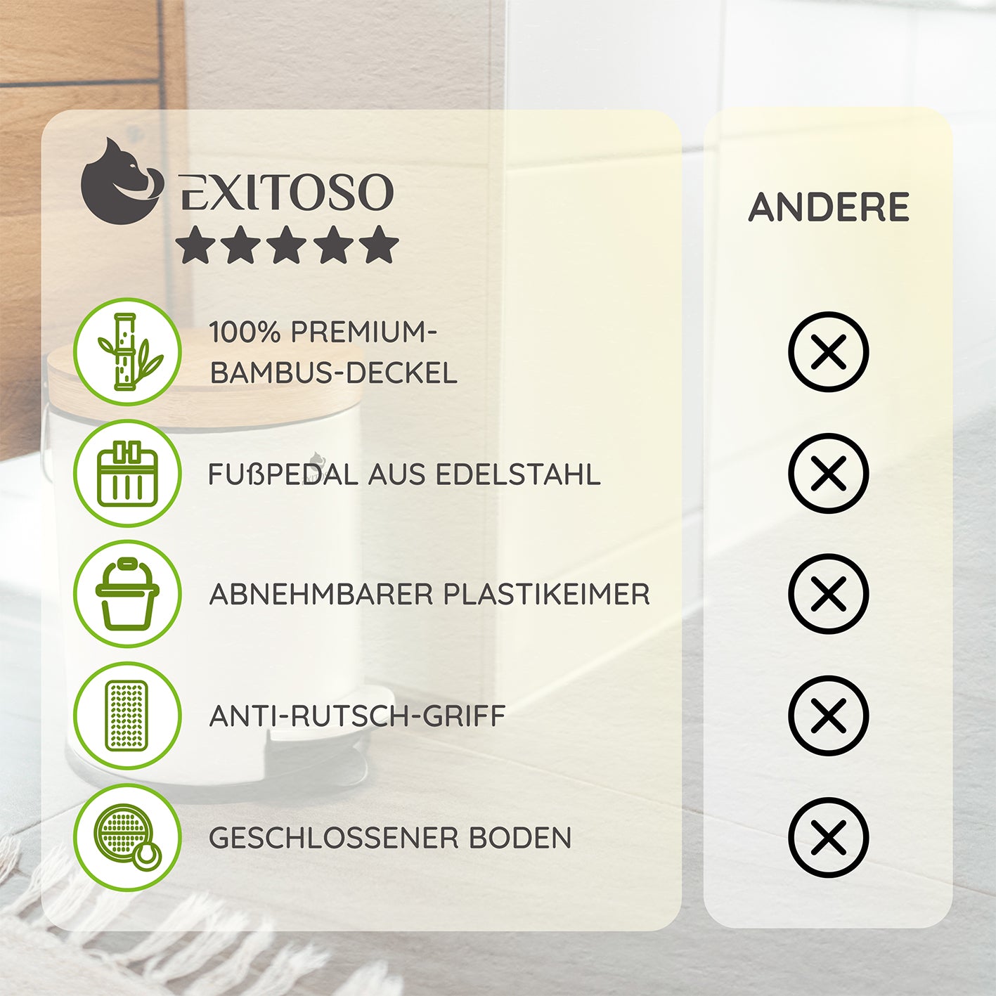 Tretmülleimer mit Softclose-Deckel - 5 l - Weiß mit Bambusdeckel, Edelstahl-Fußpedal, abnehmbarem Eimer, Anti-Rutsch-Griff und geschlossenem Boden.