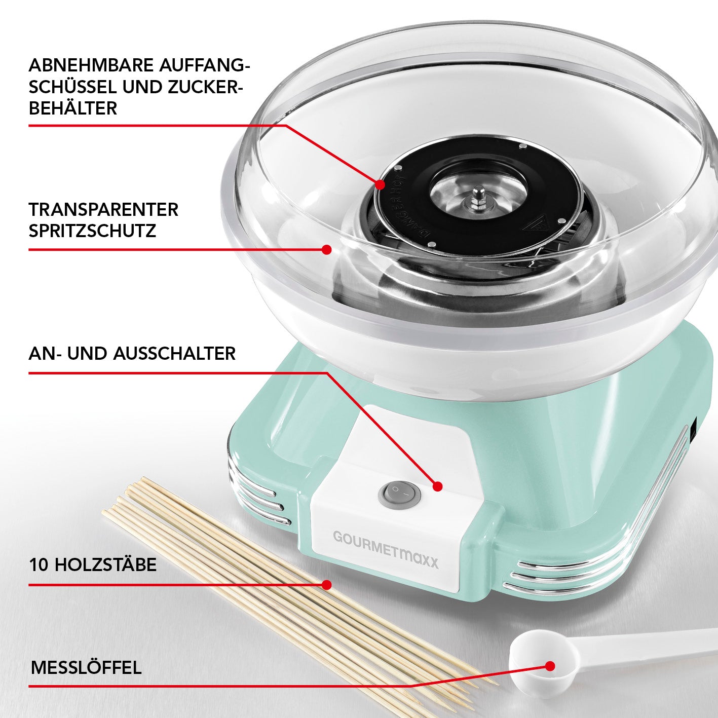 Zuckerwatte-Maschine - mint/weiß mit abnehmbarer Auffangschüssel, transparentem Spritzschutz und 10 Holzstäben im Retro-Design.