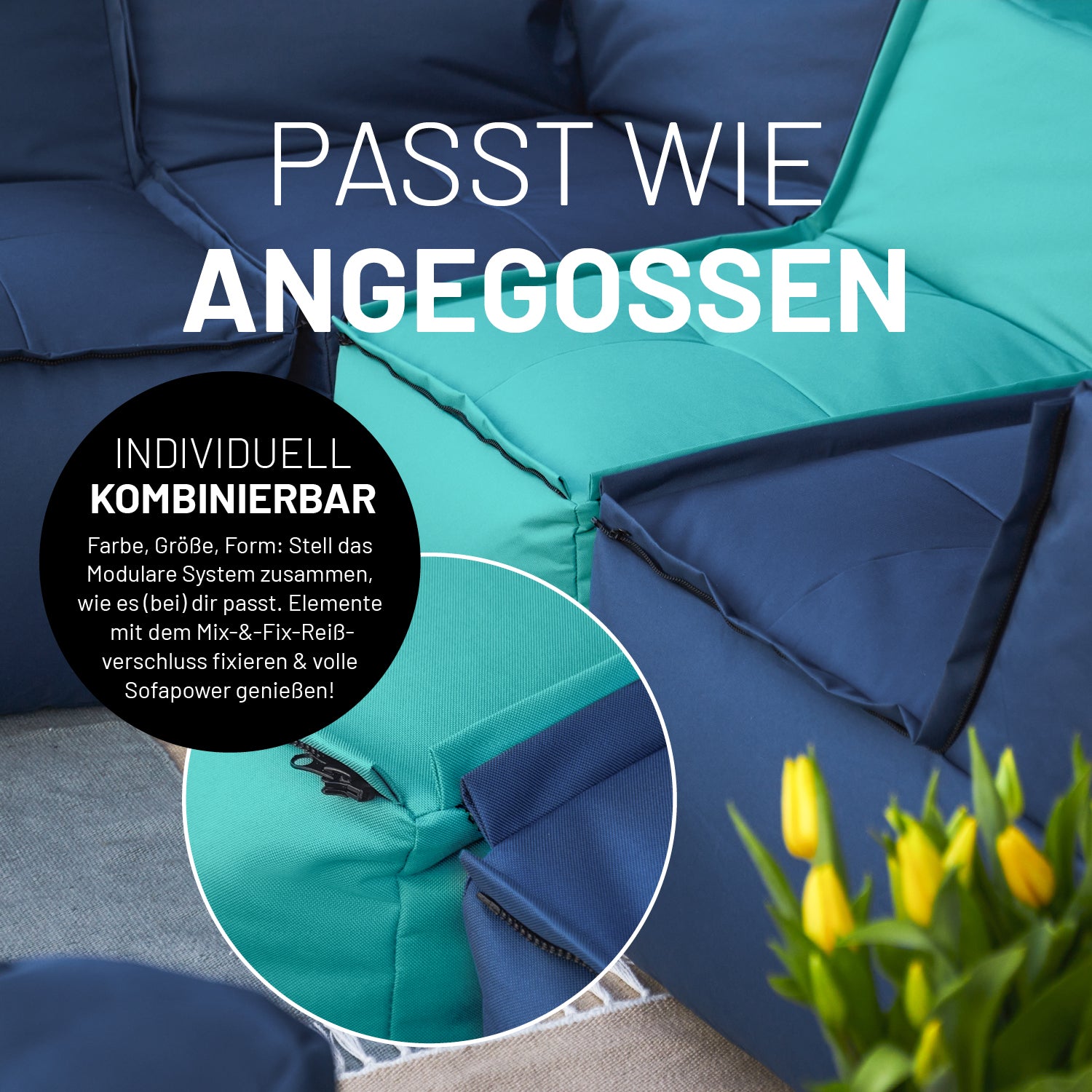 Basic Set (5-tlg.) - Modulares System - In- & outdoor - Türkis mit Mix-&-Fix-Reißverschluss und extrastarken Nähten, anpassbar und pflegeleicht.