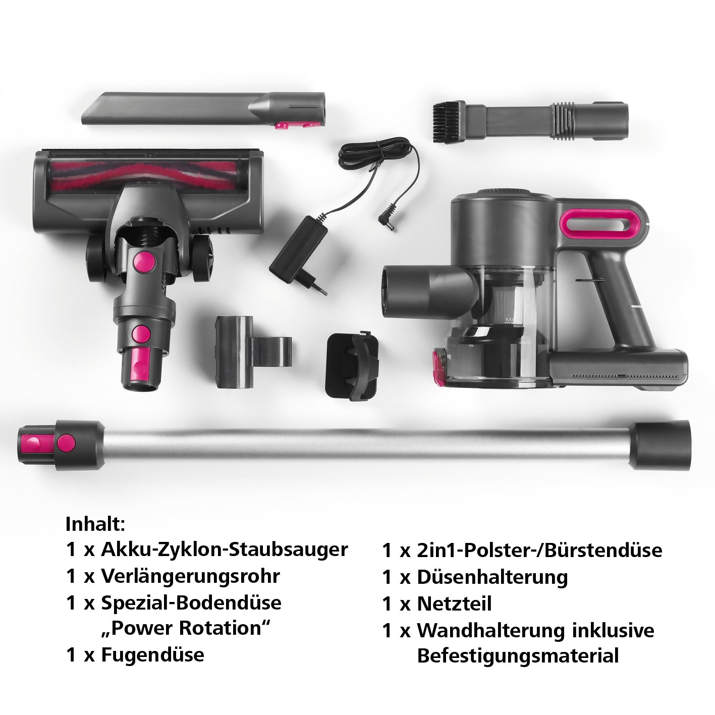 Akku-Zyklon-Staubsauger anthrazit/pink mit Zubehör, Verlängerungsrohr, Spezial-Bodendüse Power Rotation und 2in1 Polsterdüse.